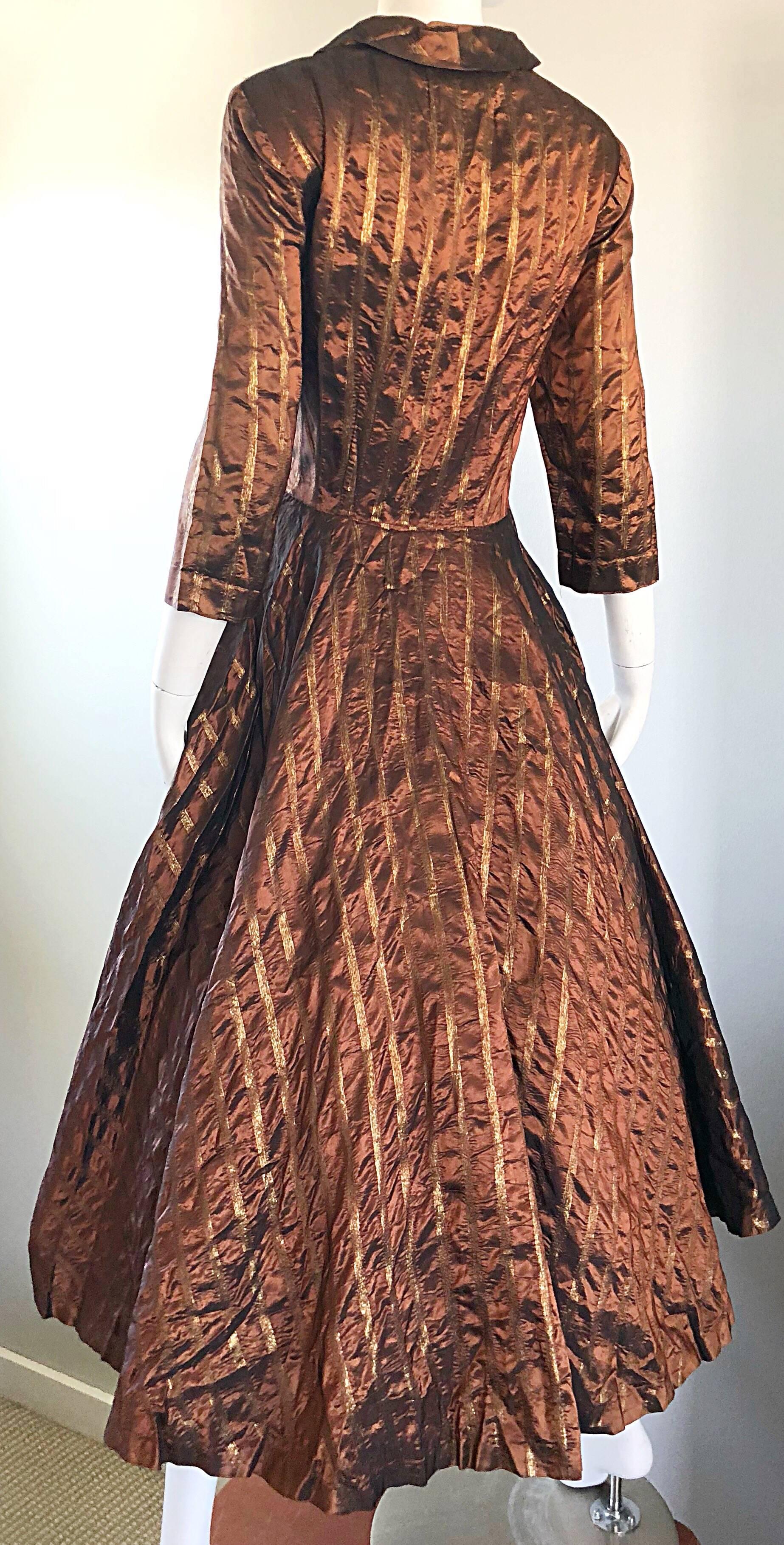 Women's Gorgeous 1950s Donald Originals Copper / Bronze Size 10 / 12 Silk Vintage Dress