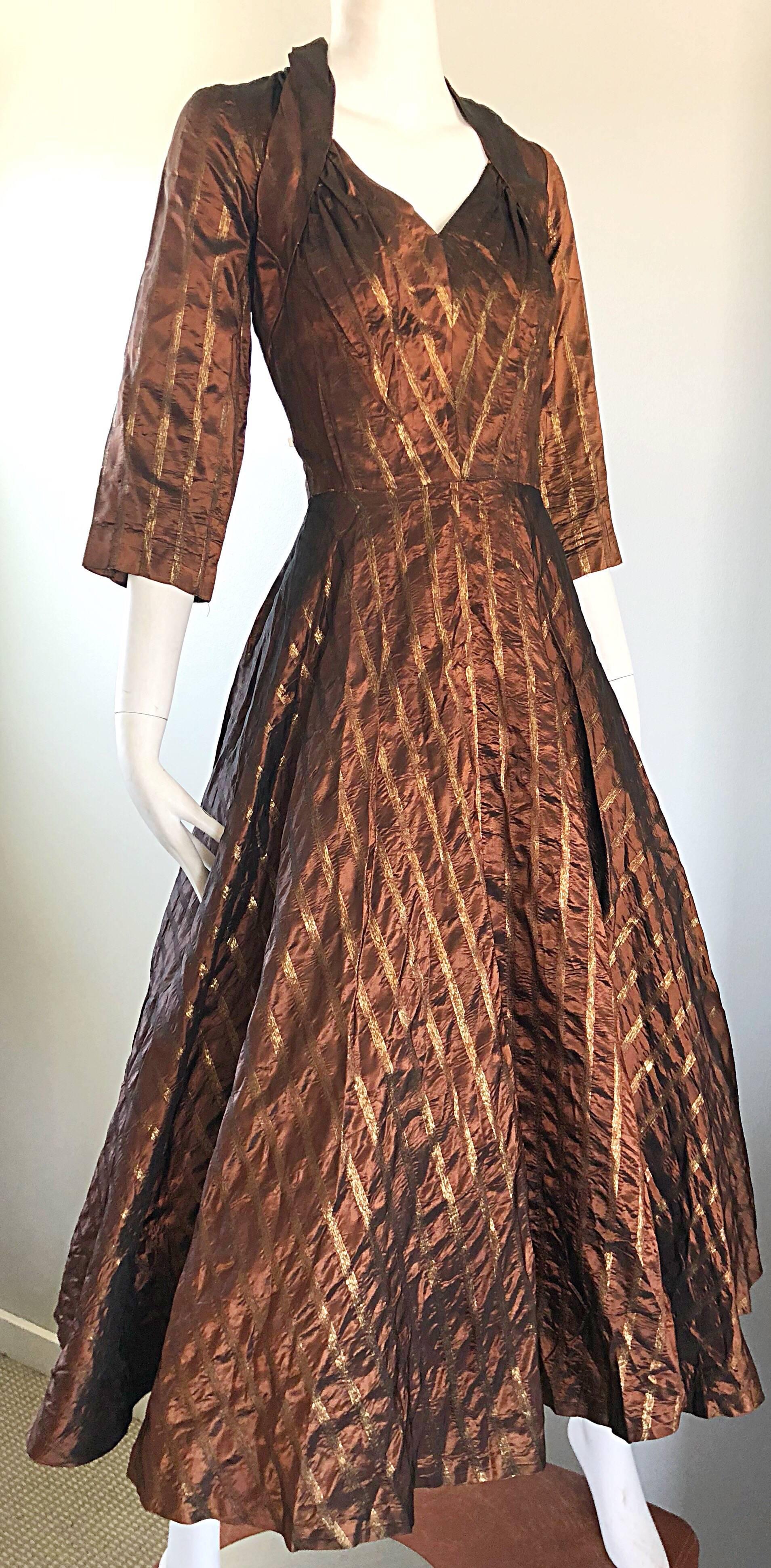 Gorgeous 1950s Donald Originals Copper / Bronze Size 10 / 12 Silk Vintage Dress 1