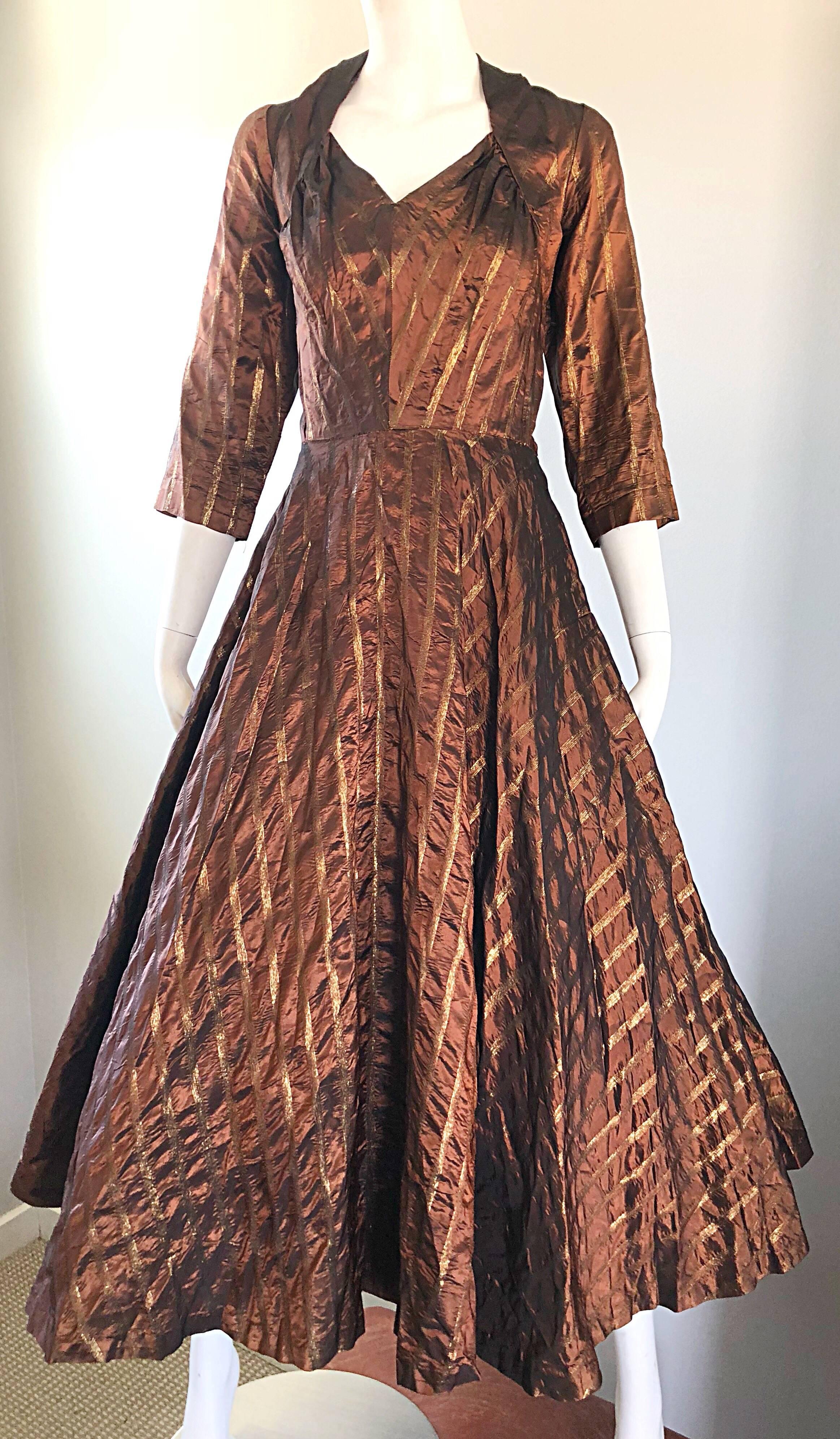 Gorgeous 1950s Donald Originals Copper / Bronze Size 10 / 12 Silk Vintage Dress 2