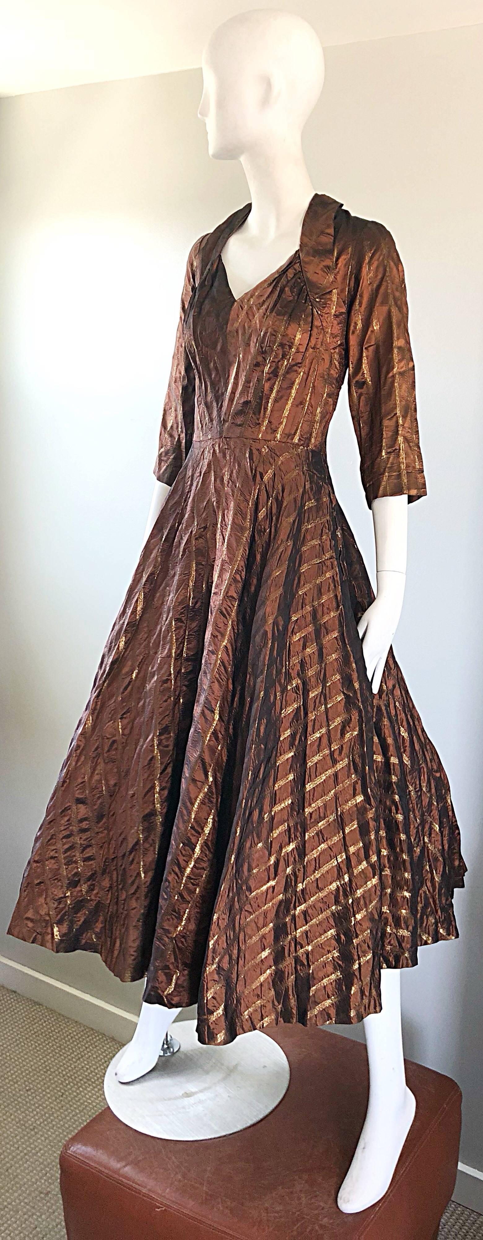 Gorgeous 1950s Donald Originals Copper / Bronze Size 10 / 12 Silk Vintage Dress 3