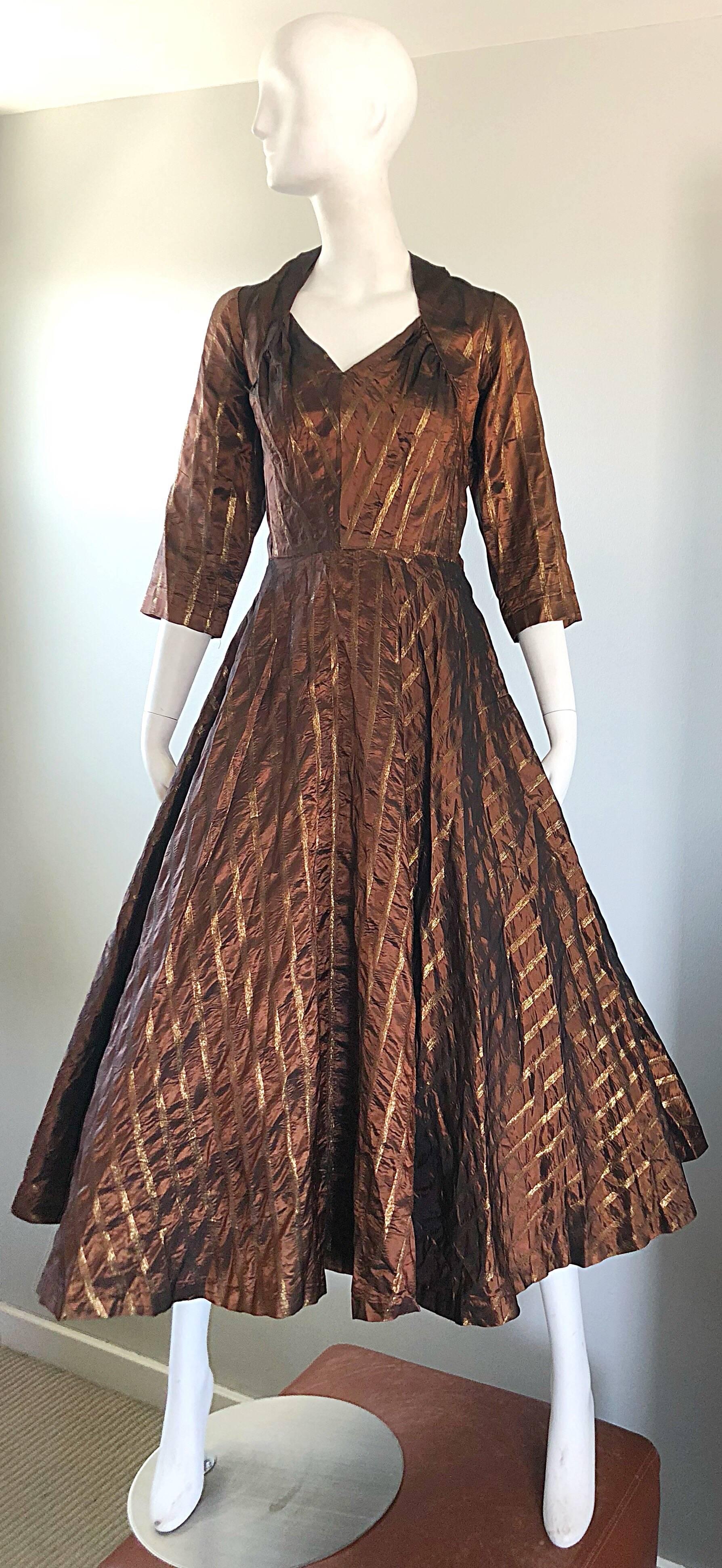 Gorgeous 1950s Donald Originals Copper / Bronze Size 10 / 12 Silk Vintage Dress 5