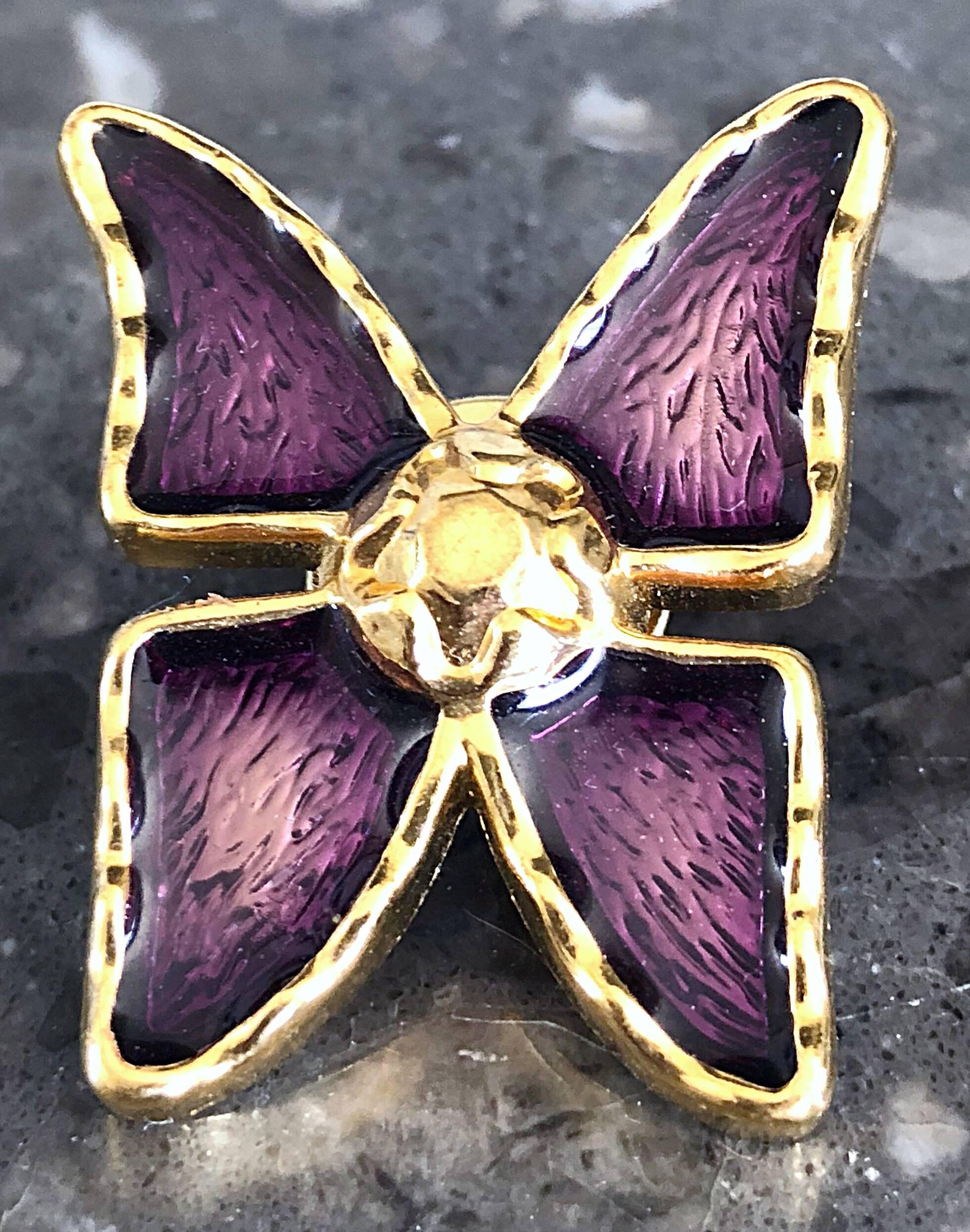 Vintage Yves Saint Laurent YSL Purple + Gold Butterfly Brooch Pin Pendant In Excellent Condition In San Diego, CA