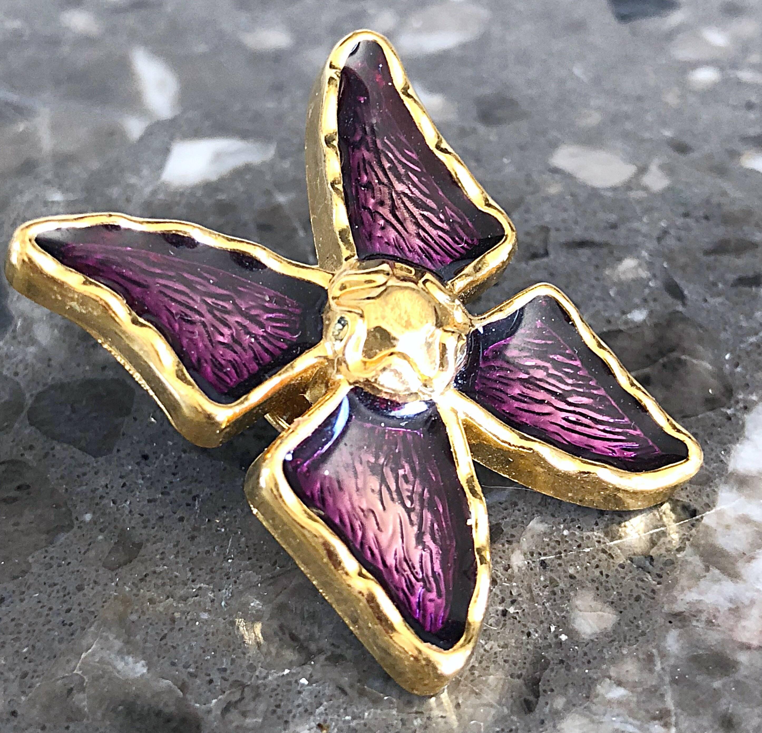 Women's Vintage Yves Saint Laurent YSL Purple + Gold Butterfly Brooch Pin Pendant