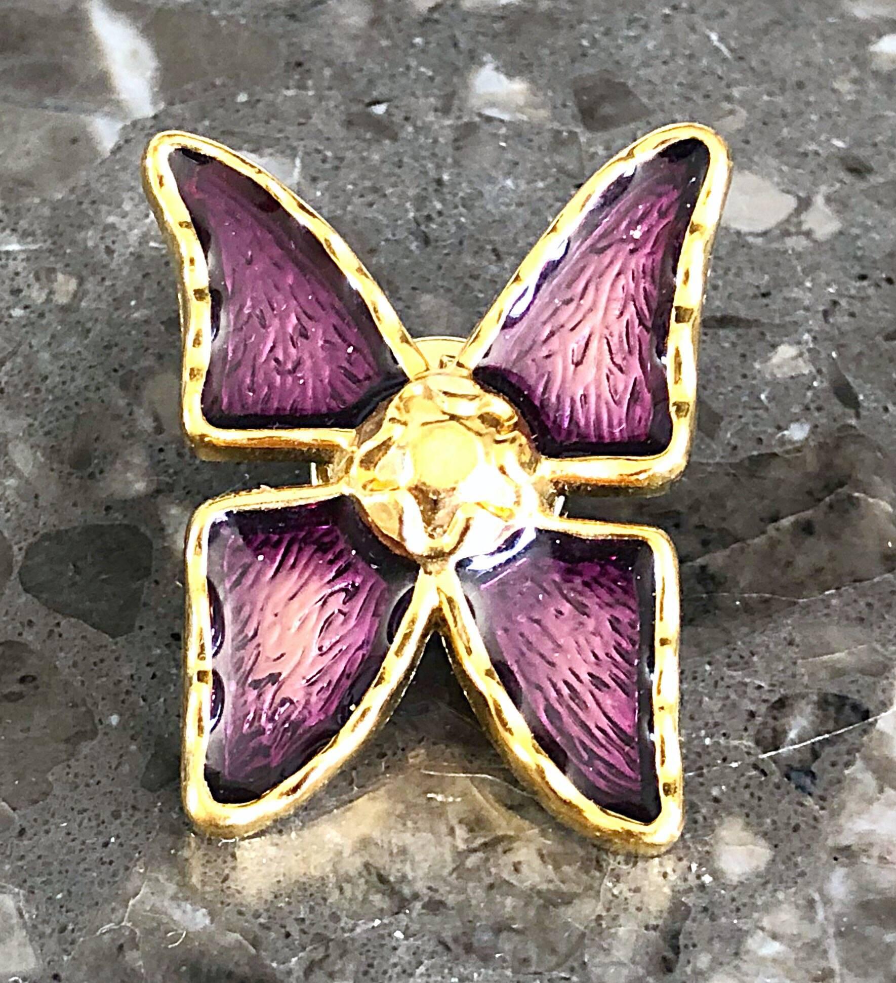 Vintage Yves Saint Laurent YSL Purple + Gold Butterfly Brooch Pin Pendant 1