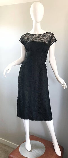 Chic 1950s Demi Couture Black French Lace Nude Illusion Vintage 50s Silk Dress