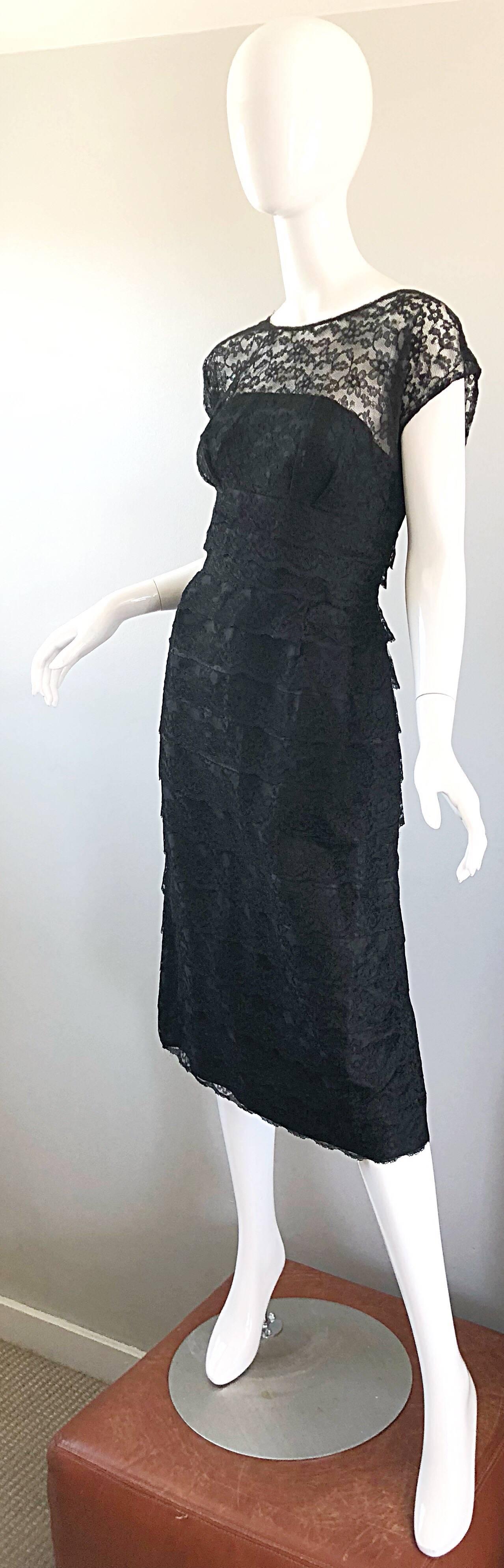 Chic 1950s Demi Couture Black French Lace Nude Illusion Vintage 50s Silk Dress In Excellent Condition For Sale In San Diego, CA