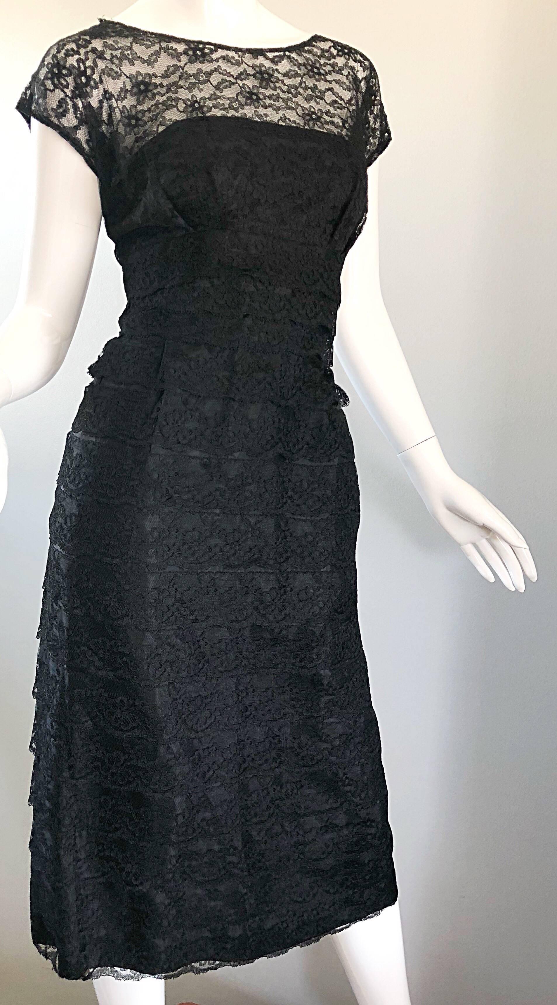 Women's Chic 1950s Demi Couture Black French Lace Nude Illusion Vintage 50s Silk Dress For Sale