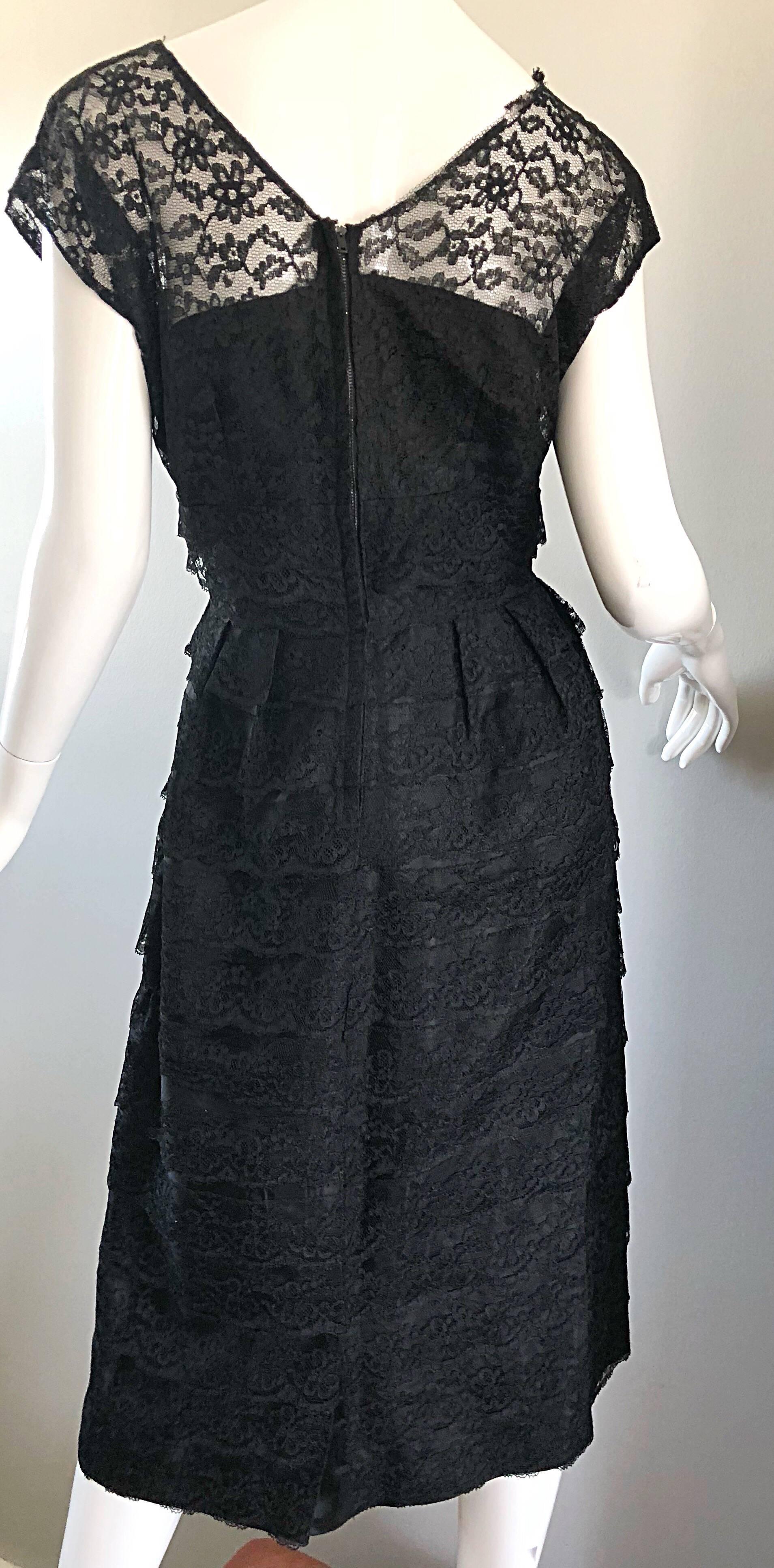 Chic 1950s Demi Couture Black French Lace Nude Illusion Vintage 50s Silk Dress For Sale 1
