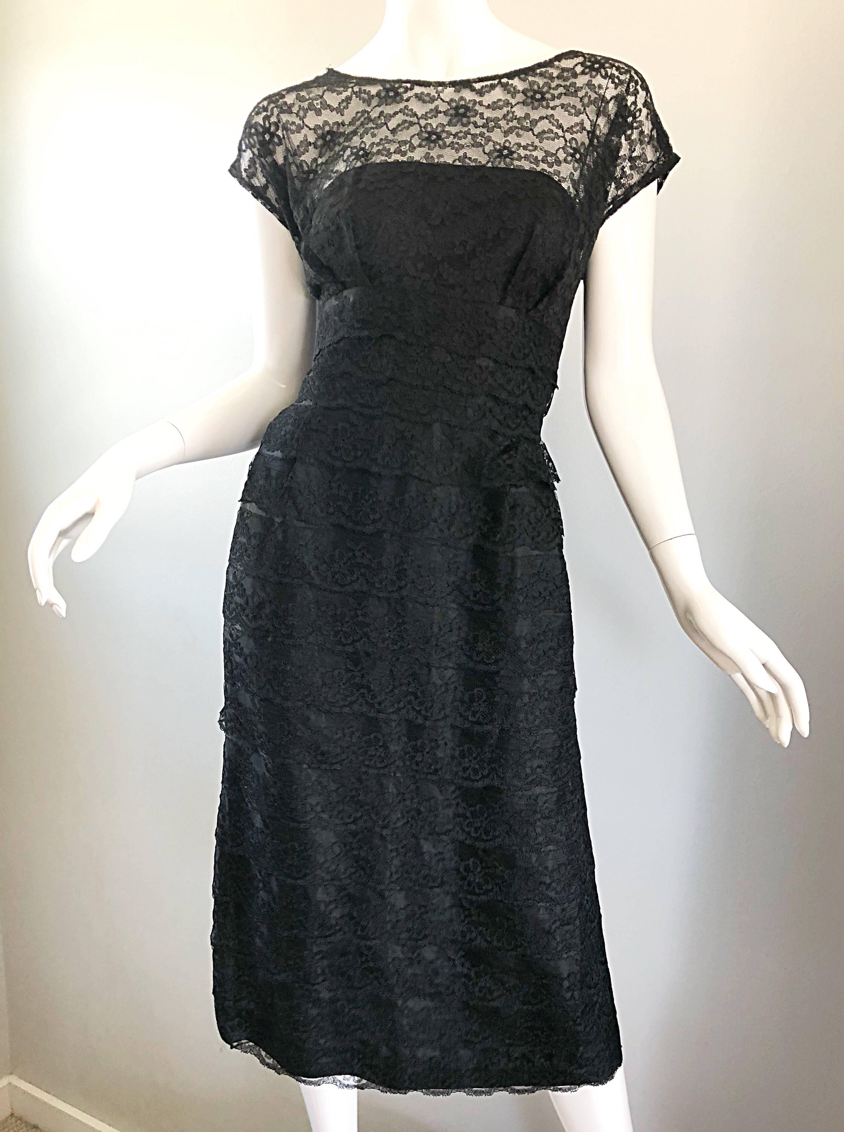 Chic 1950s Demi Couture Black French Lace Nude Illusion Vintage 50s Silk Dress For Sale 2