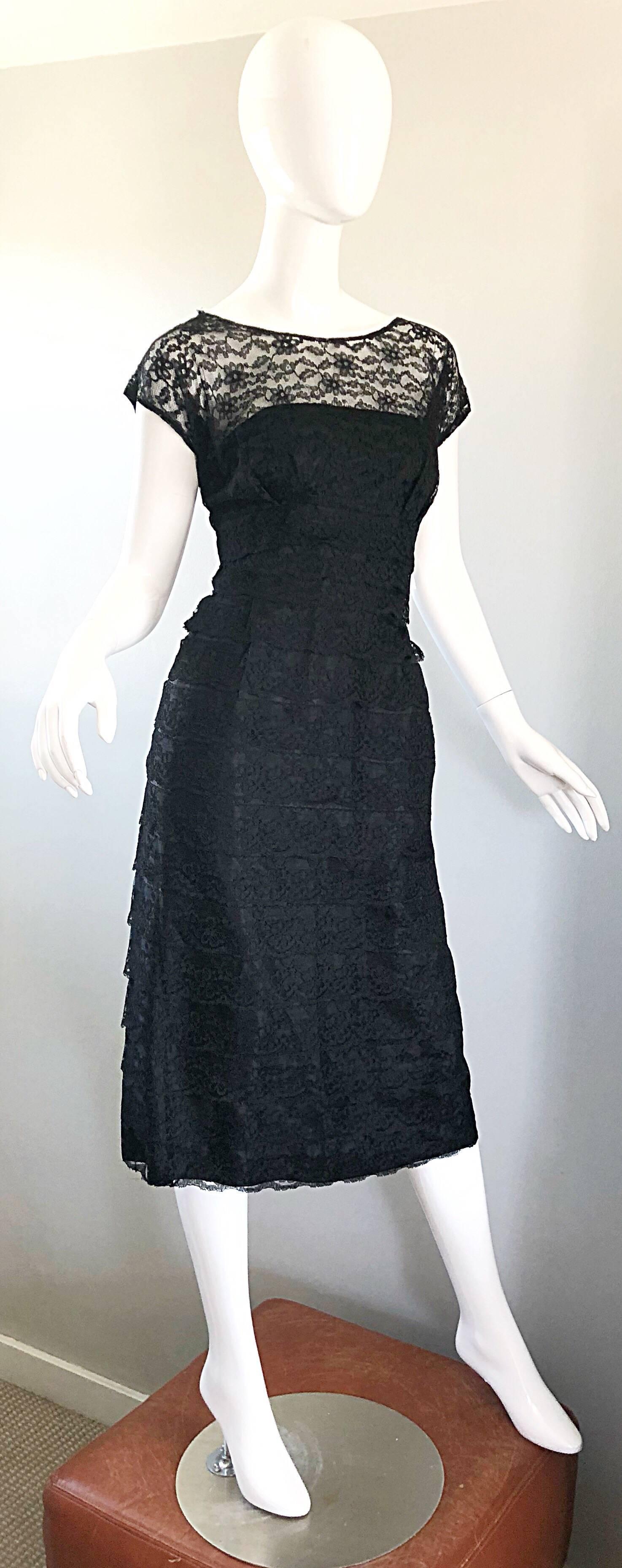 Chic 1950s Demi Couture Black French Lace Nude Illusion Vintage 50s Silk Dress For Sale 3