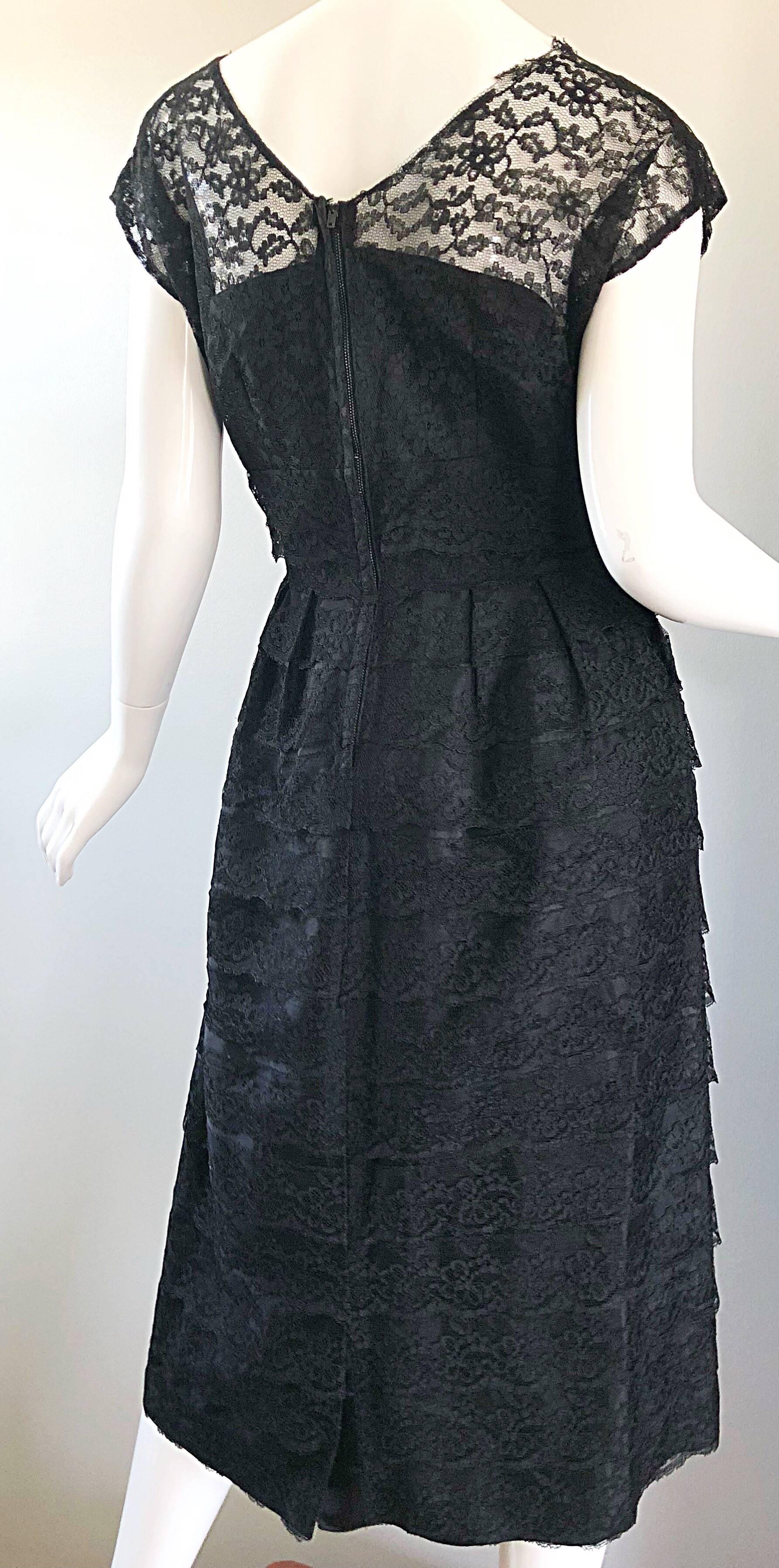 Chic 1950s Demi Couture Black French Lace Nude Illusion Vintage 50s Silk Dress For Sale 4