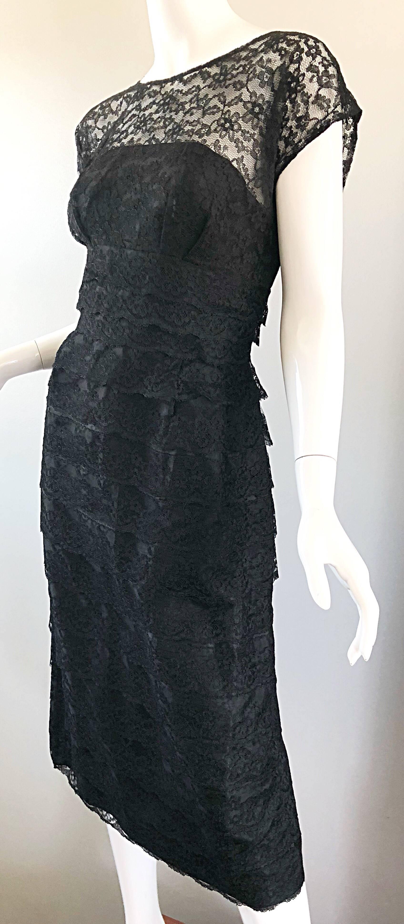 Chic 1950s Demi Couture Black French Lace Nude Illusion Vintage 50s Silk Dress For Sale 5