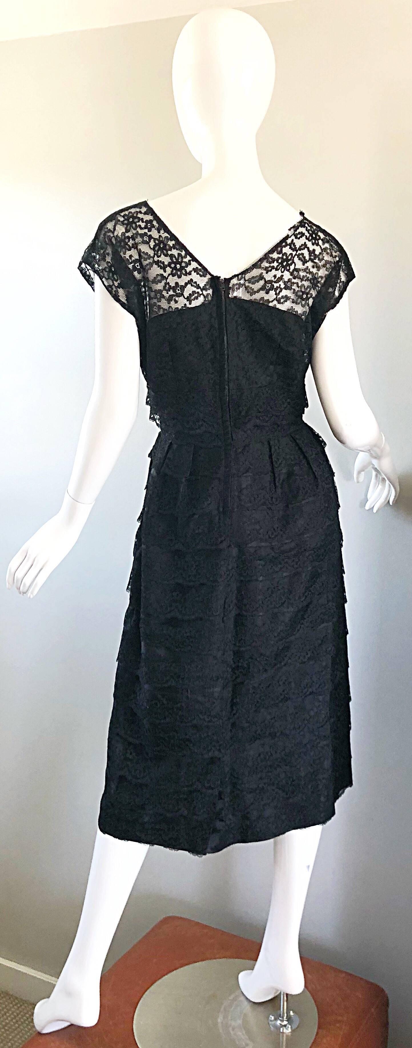 Chic 1950s Demi Couture Black French Lace Nude Illusion Vintage 50s Silk Dress For Sale 6