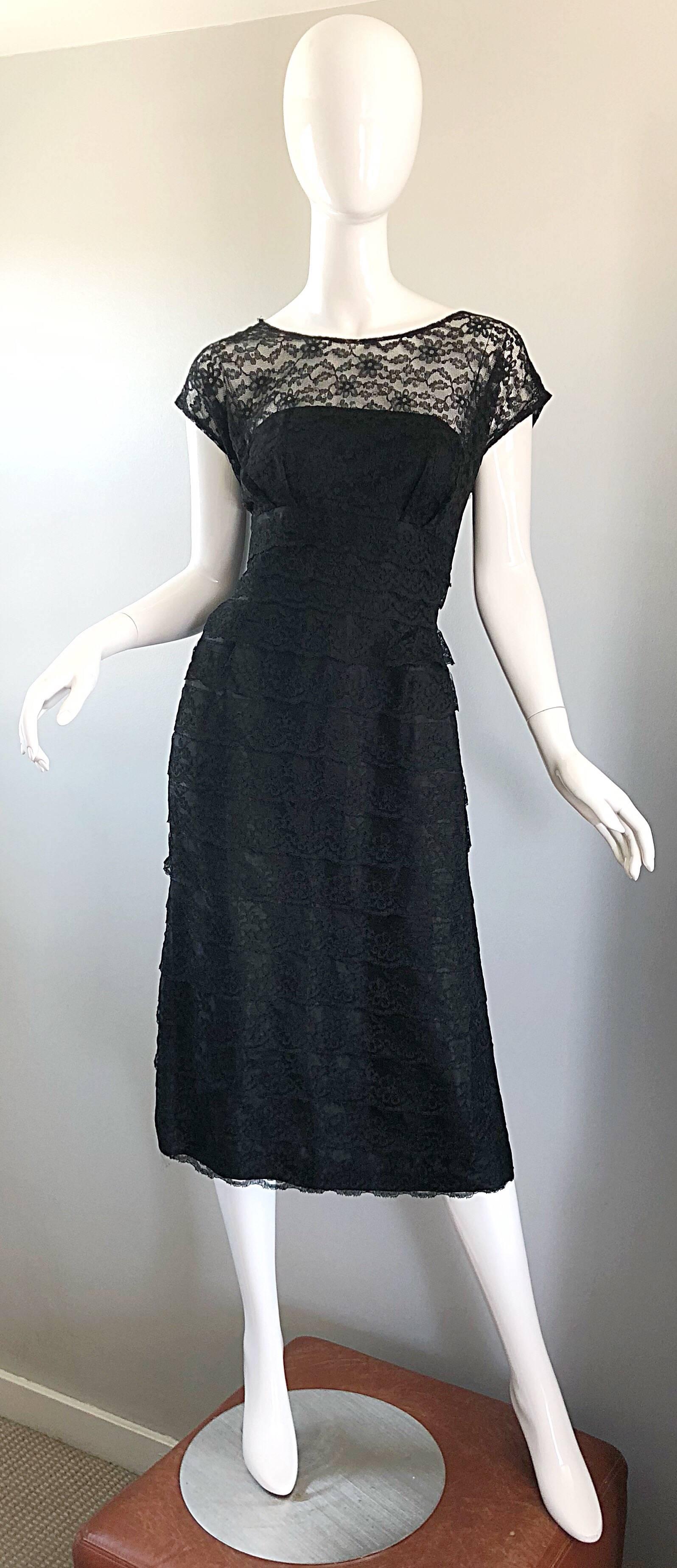 Chic 1950s Demi Couture Black French Lace Nude Illusion Vintage 50s Silk Dress For Sale 7