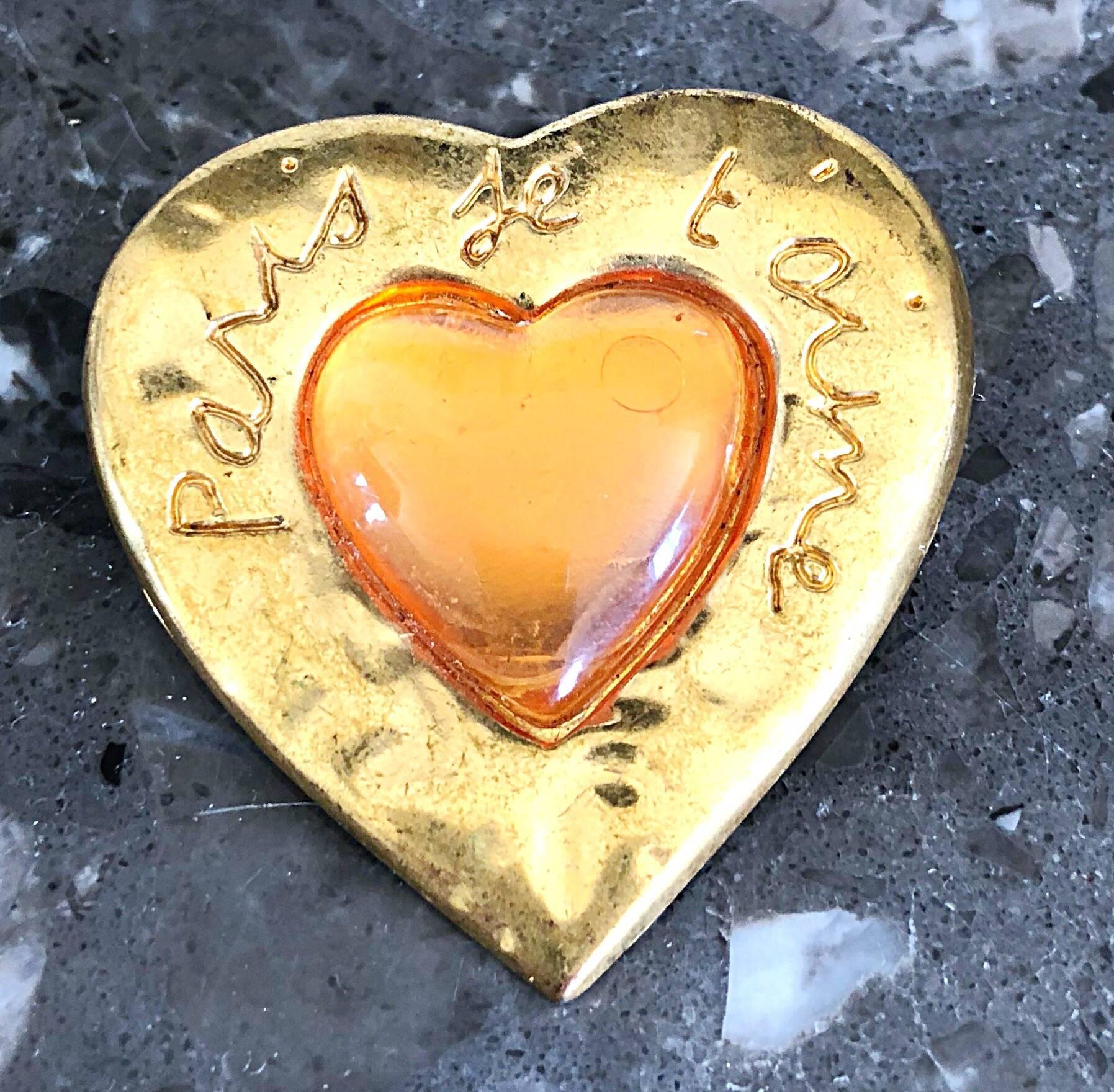 Vintage Yves Saint Laurent YSL Paris Je T'aime Hammered Gold + Amber Brooch Pin In Excellent Condition In San Diego, CA