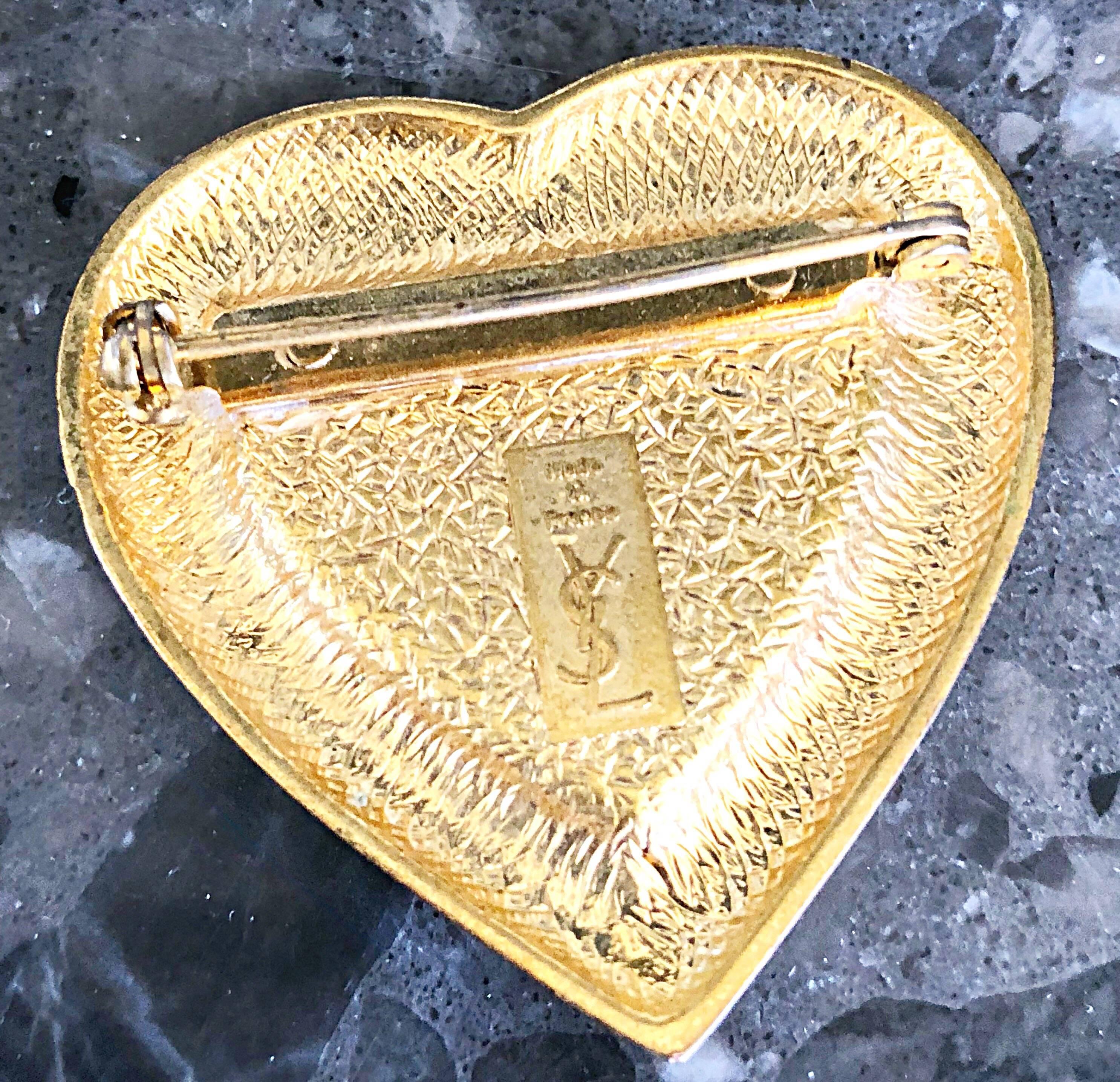Vintage Yves Saint Laurent YSL Paris Je T'aime Hammered Gold + Amber Brooch Pin 1