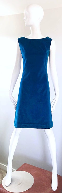 Chic 1960s Margaret Smith Teal Blue Cotton Velvet 60s Vintage Shift Dress