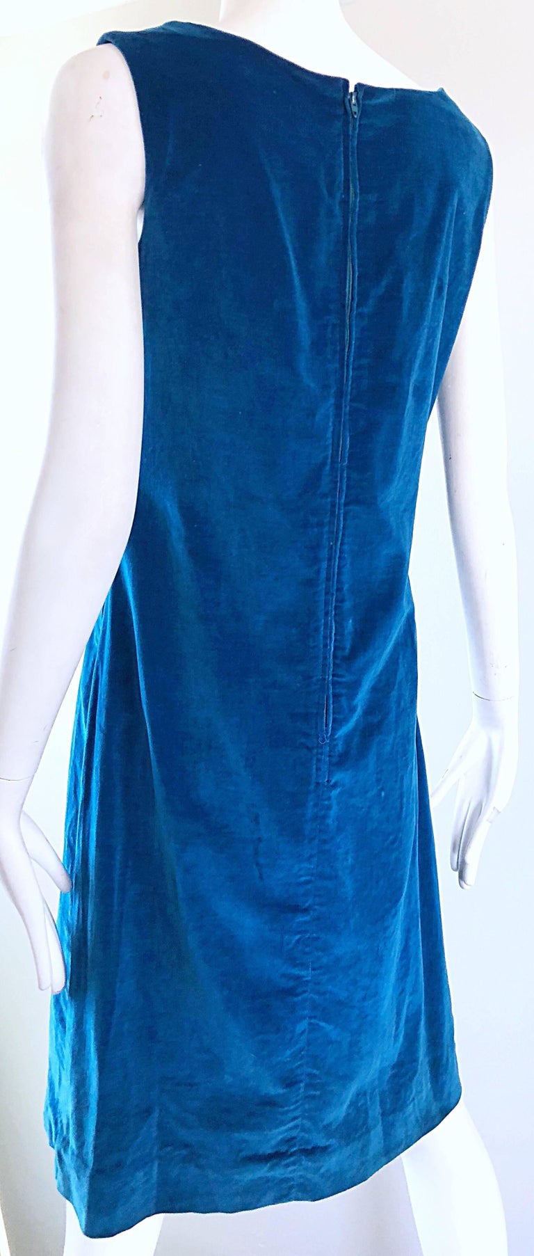 VTG 60S TEAL BLUE WOOL TEXTURED TAILORED CLEAR BEADED MOD GOGO SHIFT DRESS 12 main image 0