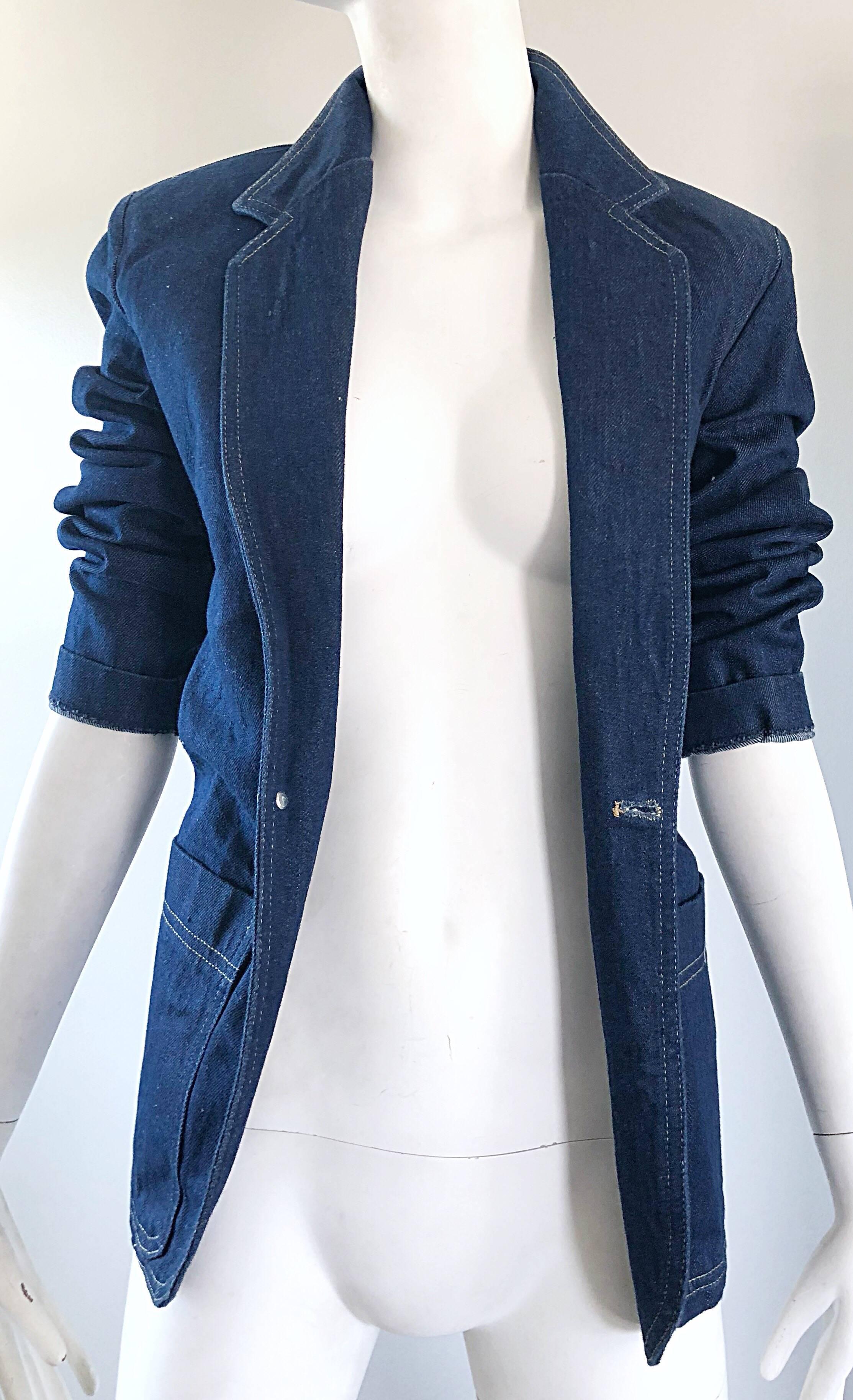 Vintage 1980s Bill Blass Blue Jean Dark Indigo 80s Denim Fitted Blazer Jacket In Excellent Condition For Sale In San Diego, CA