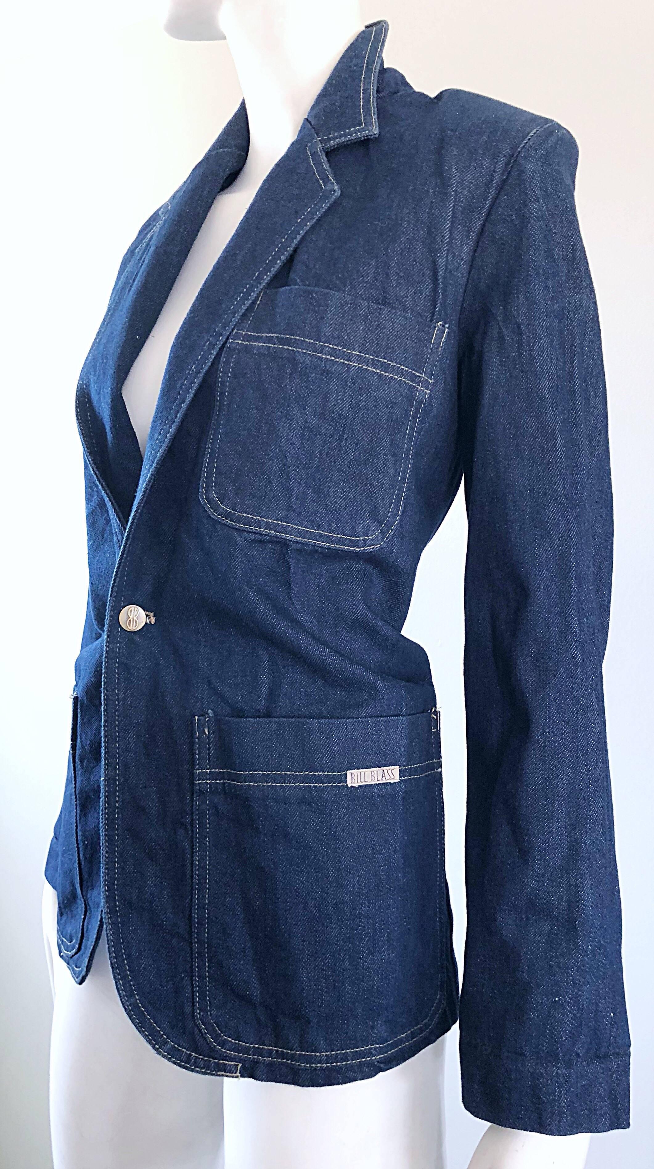 Vintage 1980s Bill Blass Blue Jean Dark Indigo 80s Denim Fitted Blazer Jacket For Sale 1