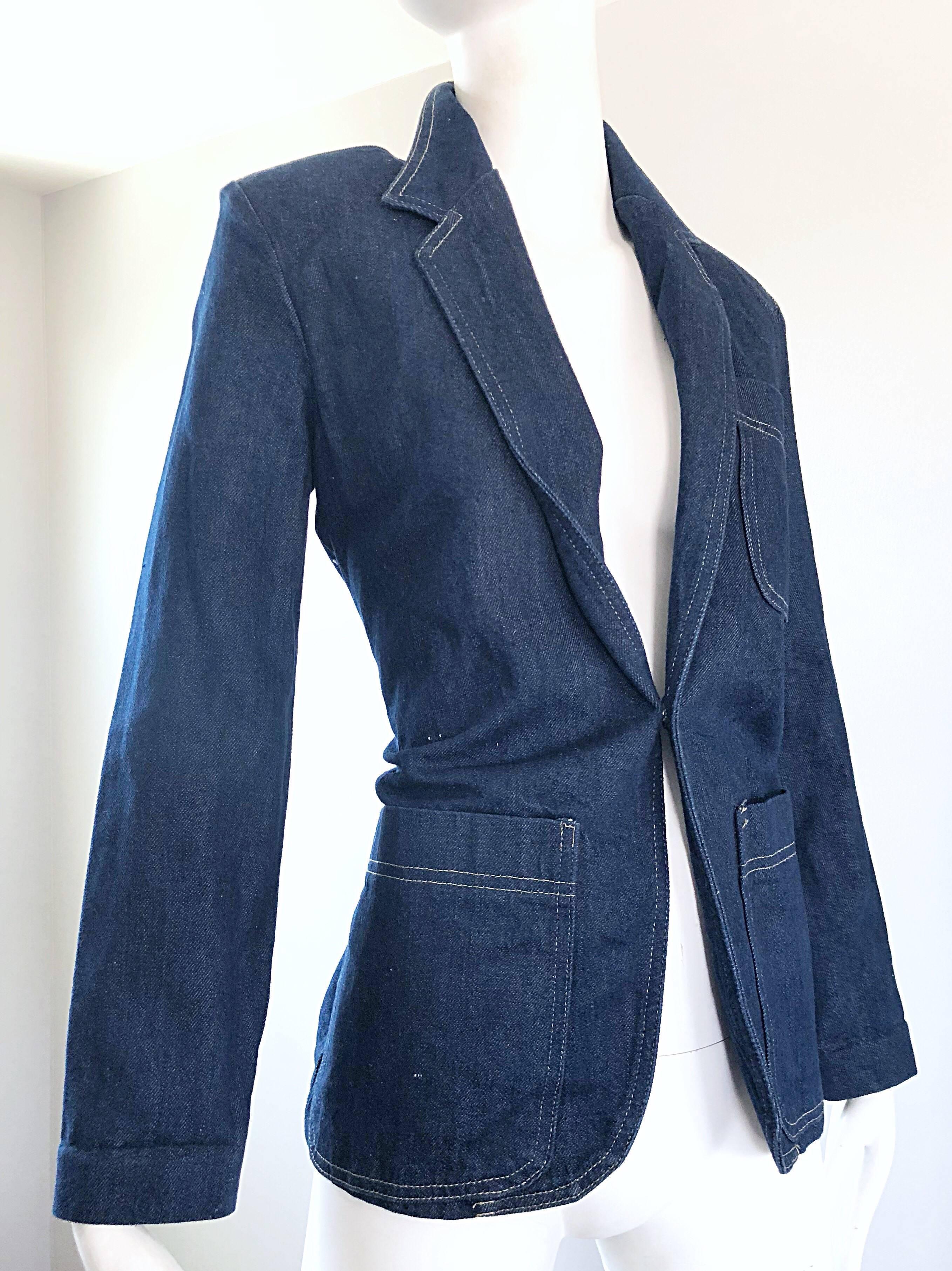 Vintage 1980s Bill Blass Blue Jean Dark Indigo 80s Denim Fitted Blazer Jacket For Sale 2