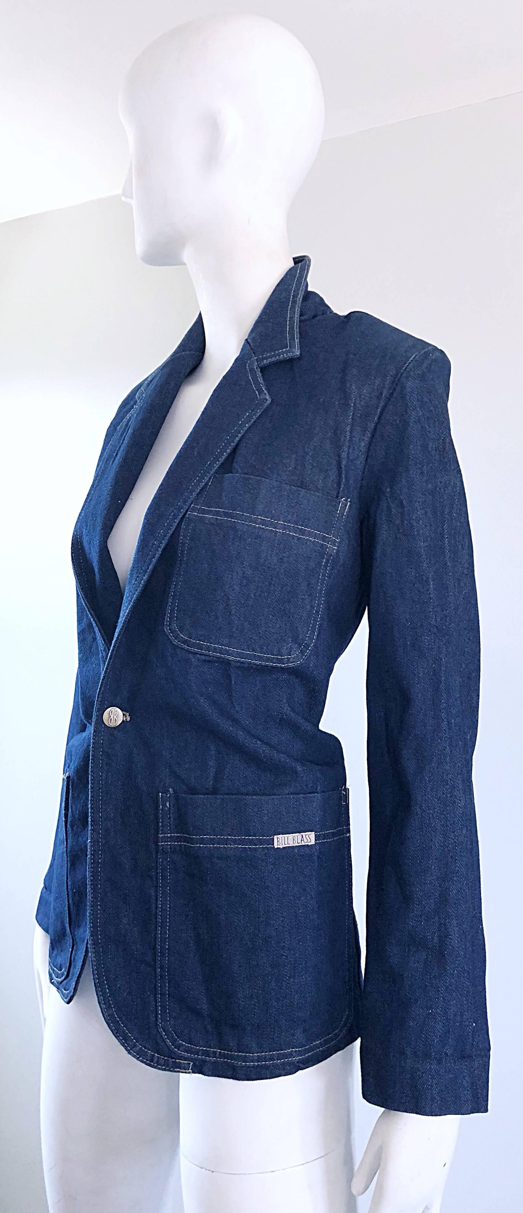 Vintage 1980s Bill Blass Blue Jean Dark Indigo 80s Denim Fitted Blazer Jacket For Sale 3