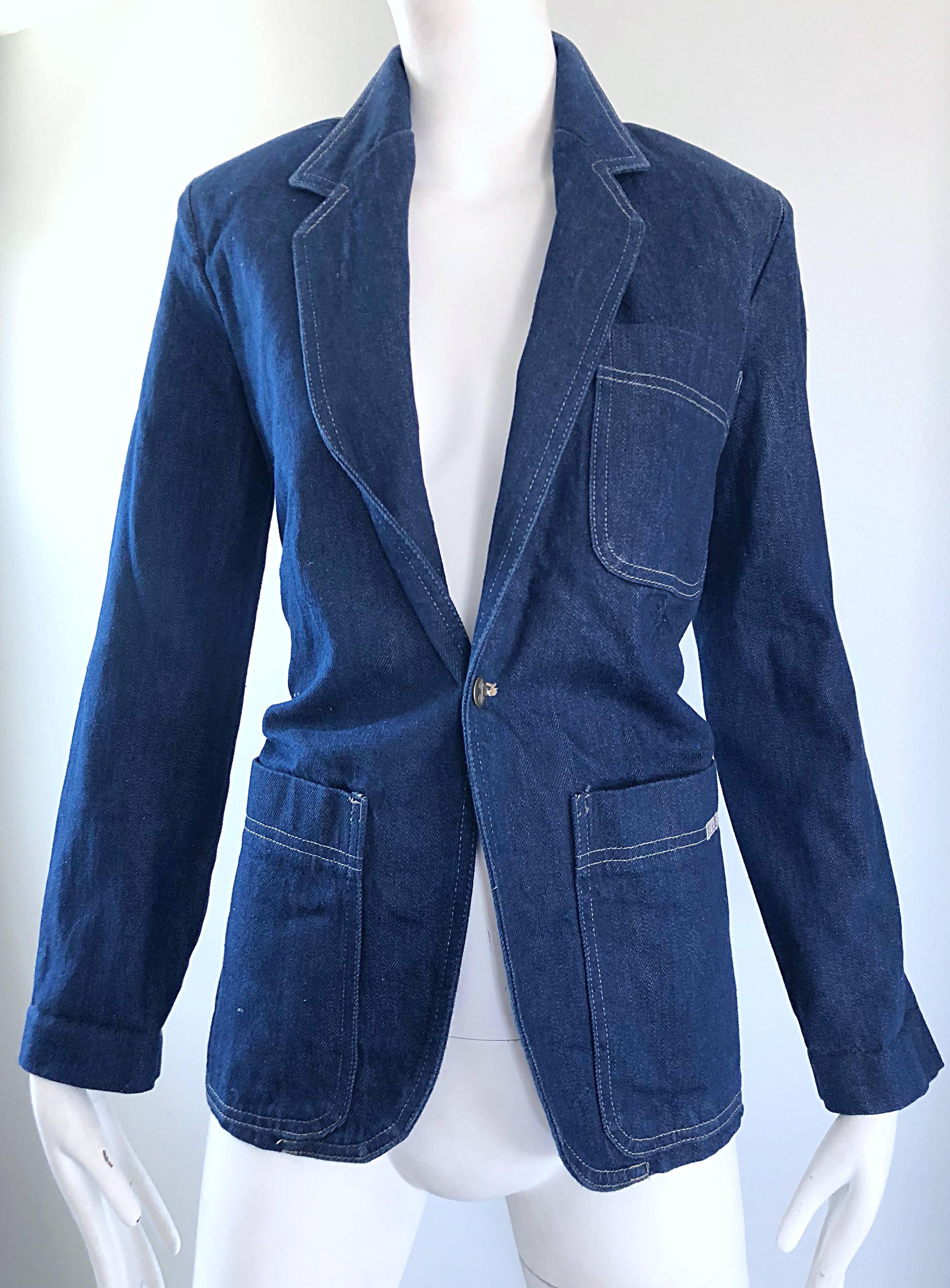 Vintage 1980s Bill Blass Blue Jean Dark Indigo 80s Denim Fitted Blazer Jacket For Sale 4