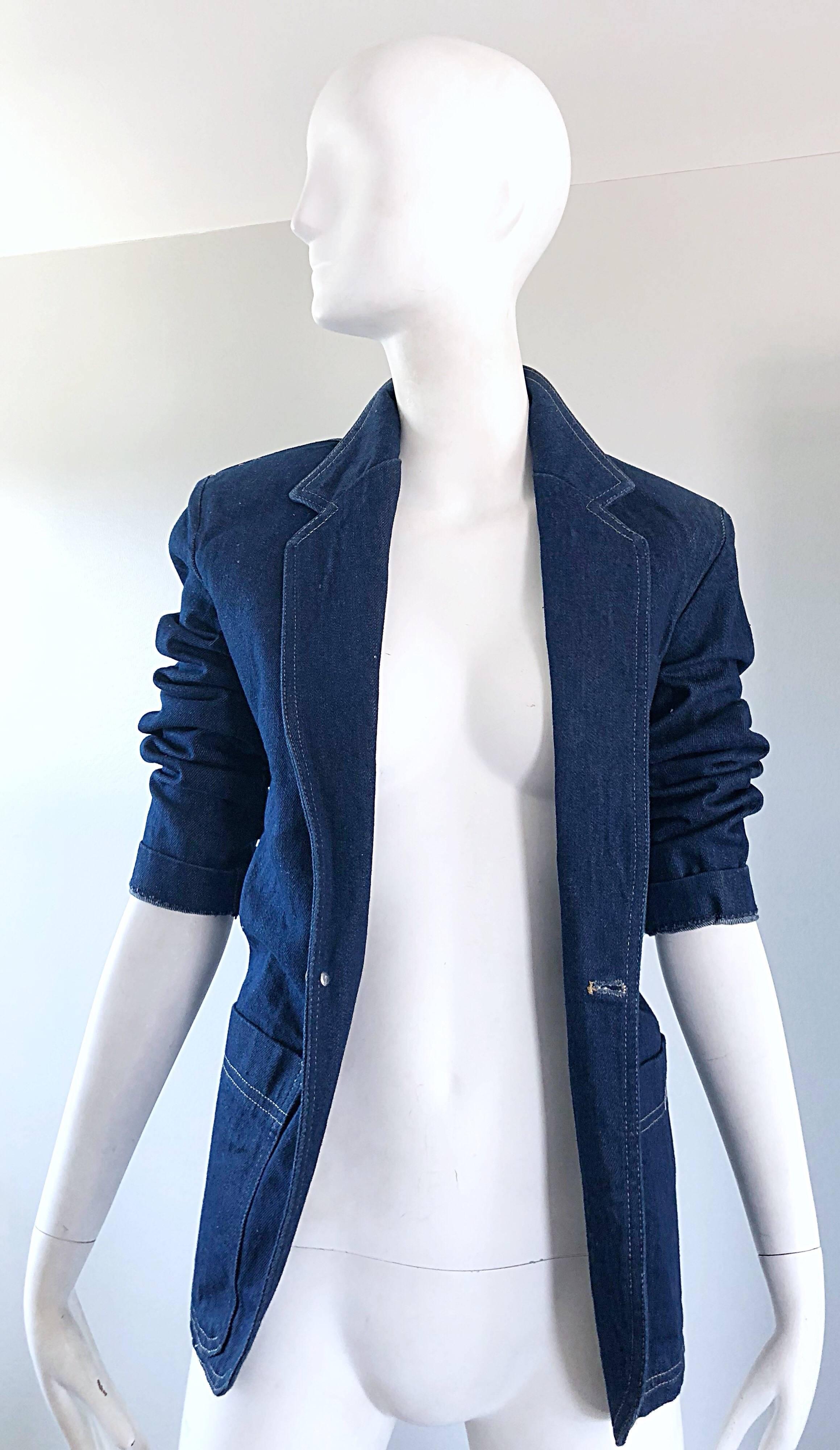 Vintage 1980s Bill Blass Blue Jean Dark Indigo 80s Denim Fitted Blazer Jacket For Sale 5