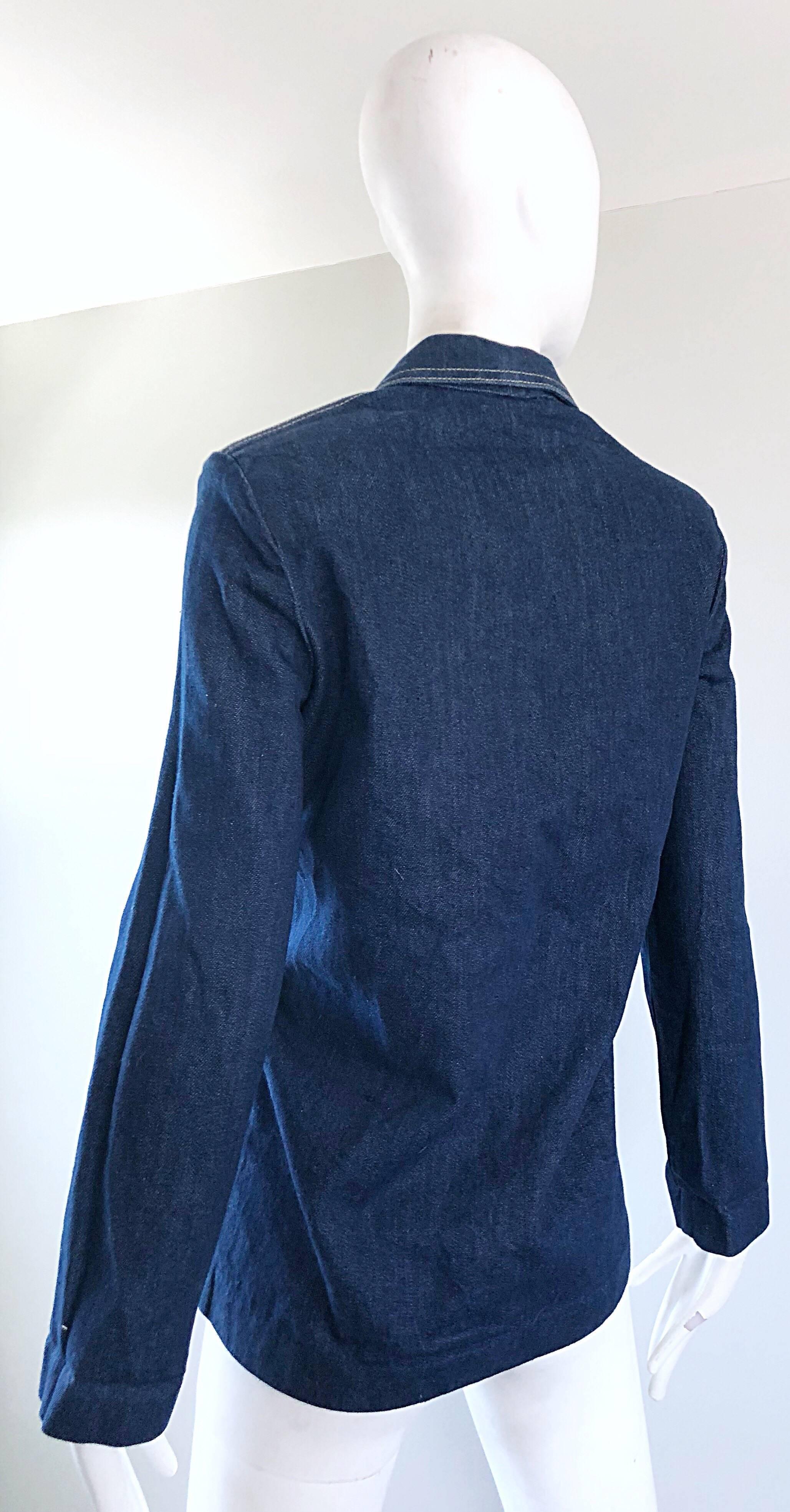 Vintage 1980s Bill Blass Blue Jean Dark Indigo 80s Denim Fitted Blazer Jacket For Sale 6
