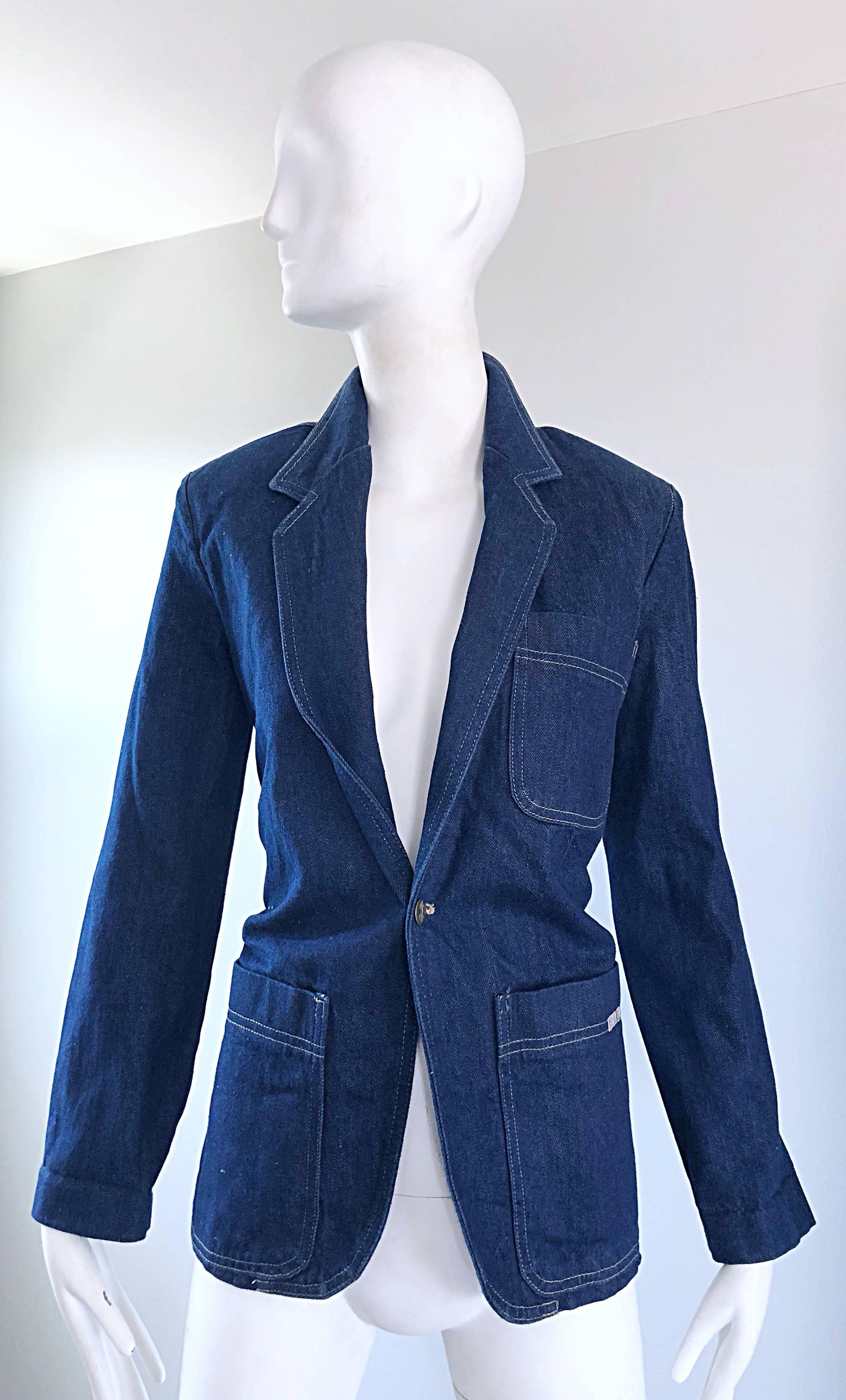 Vintage 1980s Bill Blass Blue Jean Dark Indigo 80s Denim Fitted Blazer Jacket For Sale 7