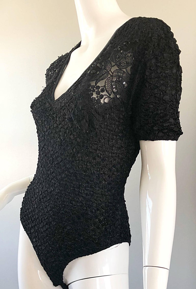 Sexy 1990s French Peek-a-Boo Sequined Short Sleeve One Piece Black 90s Bodysuit For Sale 1