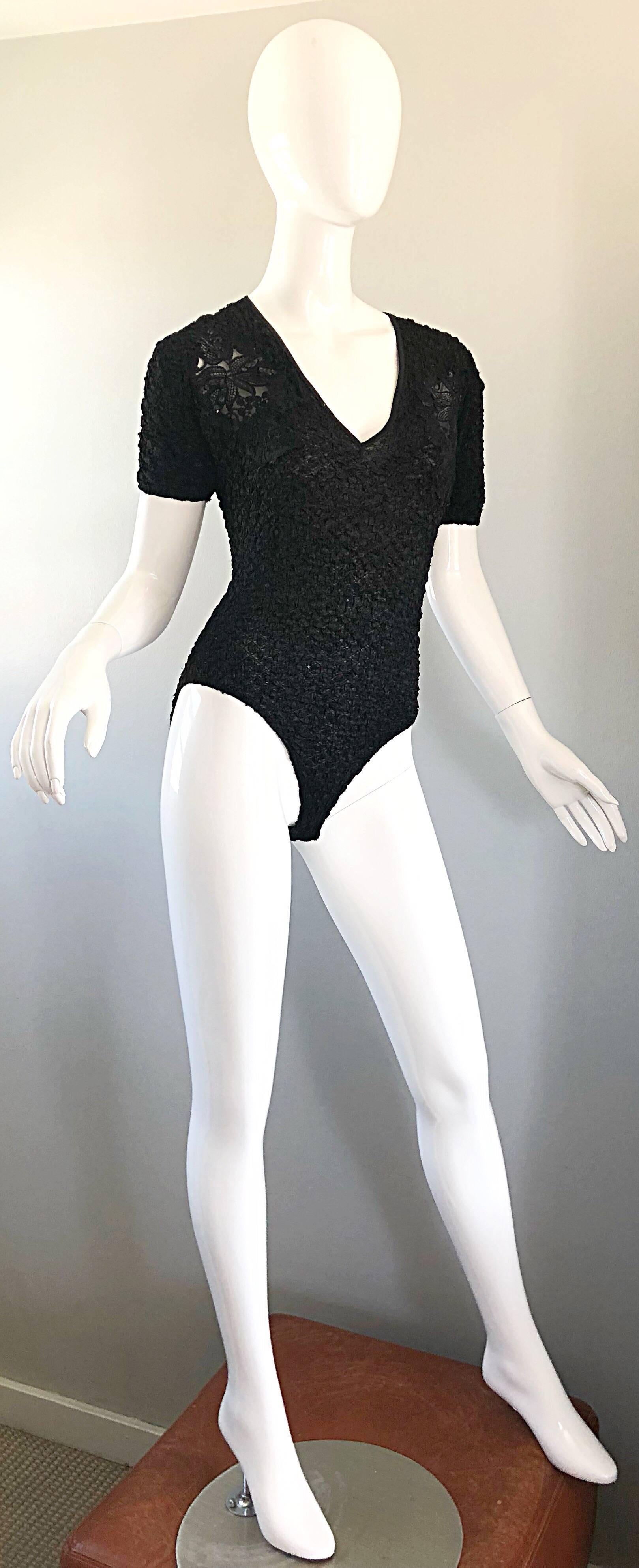 Sexy 1990s French Peek-a-Boo Sequined Short Sleeve One Piece Black 90s Bodysuit In Excellent Condition In San Diego, CA