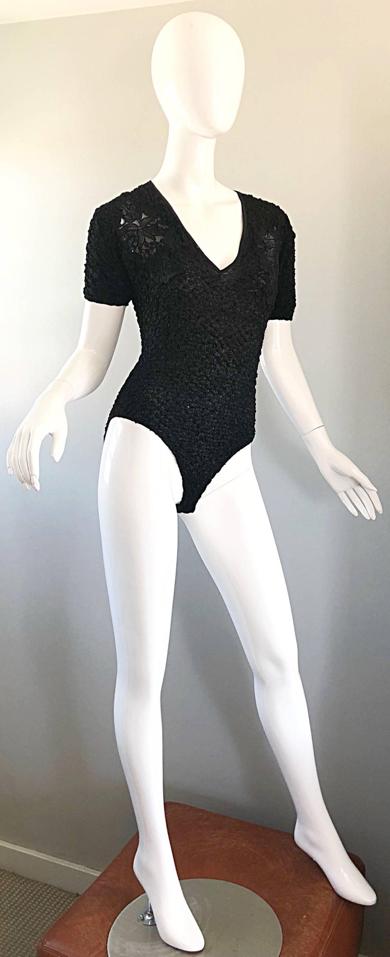 Sexy 1990s French Peek-a-Boo Sequined Short Sleeve One Piece Black 90s Bodysuit For Sale 2
