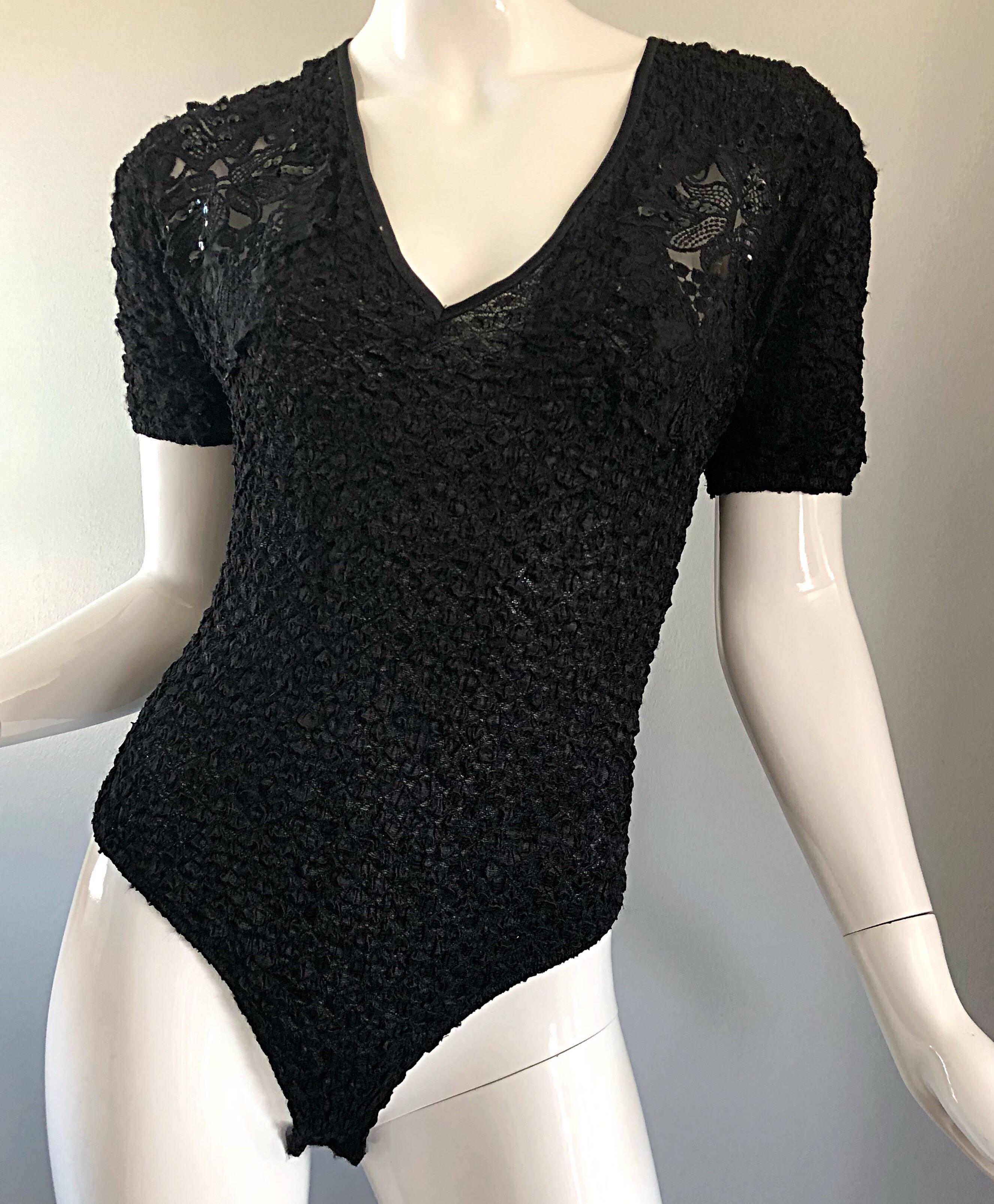 Women's Sexy 1990s French Peek-a-Boo Sequined Short Sleeve One Piece Black 90s Bodysuit