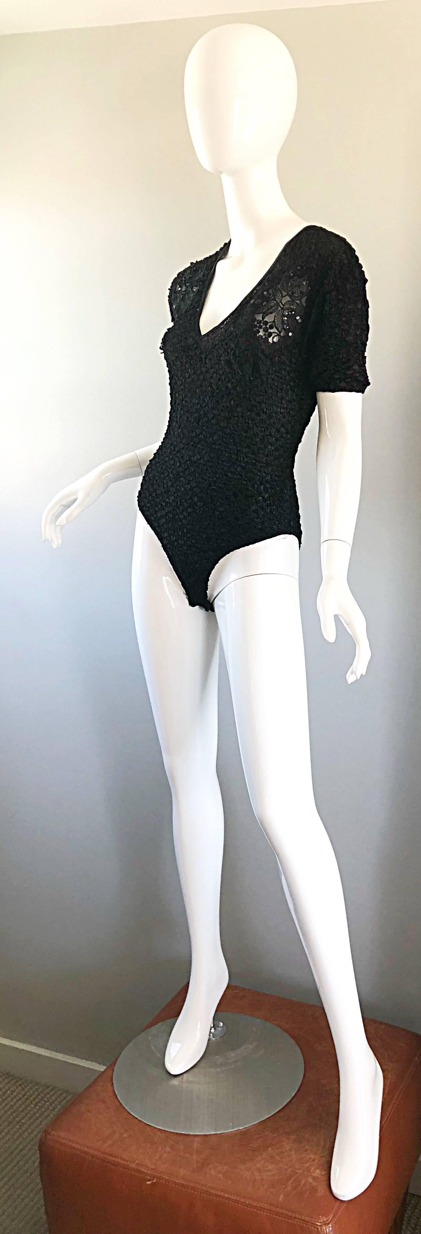 Sexy 1990s French Peek-a-Boo Sequined Short Sleeve One Piece Black 90s Bodysuit 1