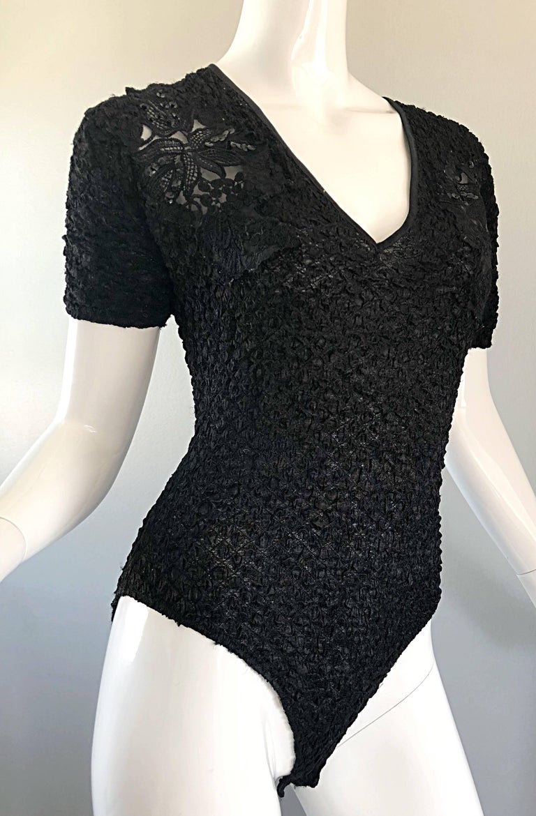 Sexy 1990s French Peek-a-Boo Sequined Short Sleeve One Piece Black 90s Bodysuit For Sale 5