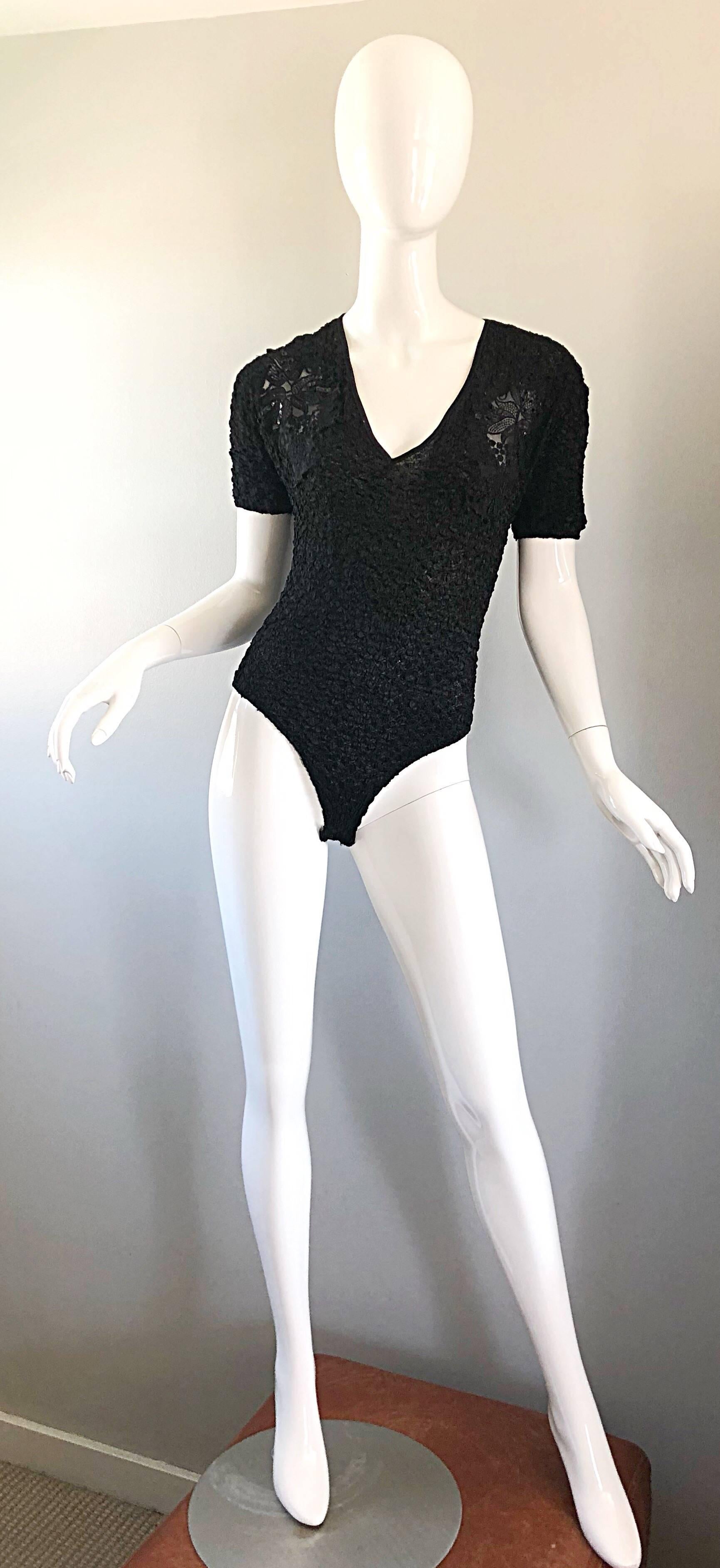 Sexy 1990s French Peek-a-Boo Sequined Short Sleeve One Piece Black 90s Bodysuit 3