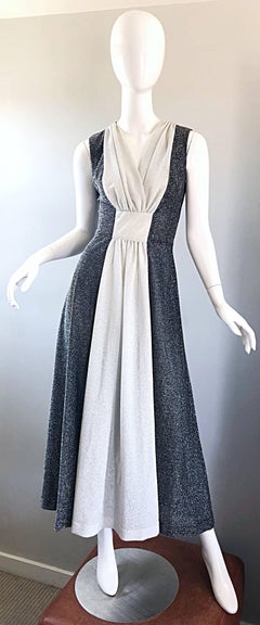 Amazing 1970s Gunmetal Grey + Silver Lurex Metallic Vintage 70s Maxi Dress Gown