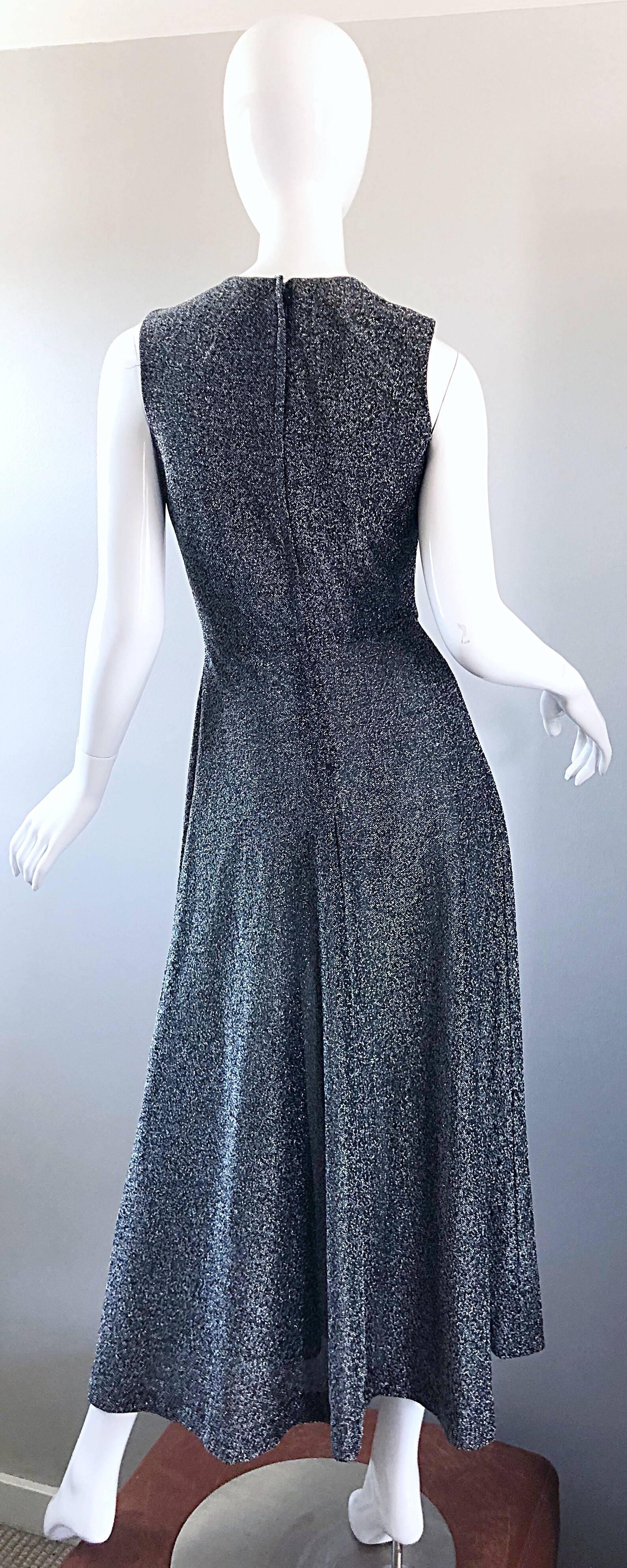 Black Amazing 1970s Gunmetal Grey + Silver Lurex Metallic Vintage 70s Maxi Dress Gown