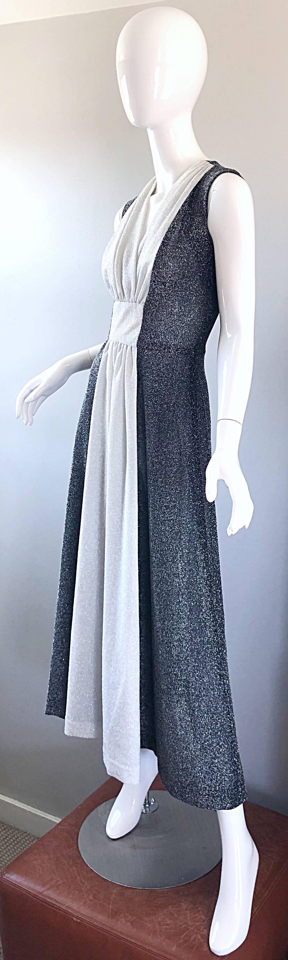 Amazing 1970s Gunmetal Grey + Silver Lurex Metallic Vintage 70s Maxi Dress Gown In Excellent Condition In San Diego, CA