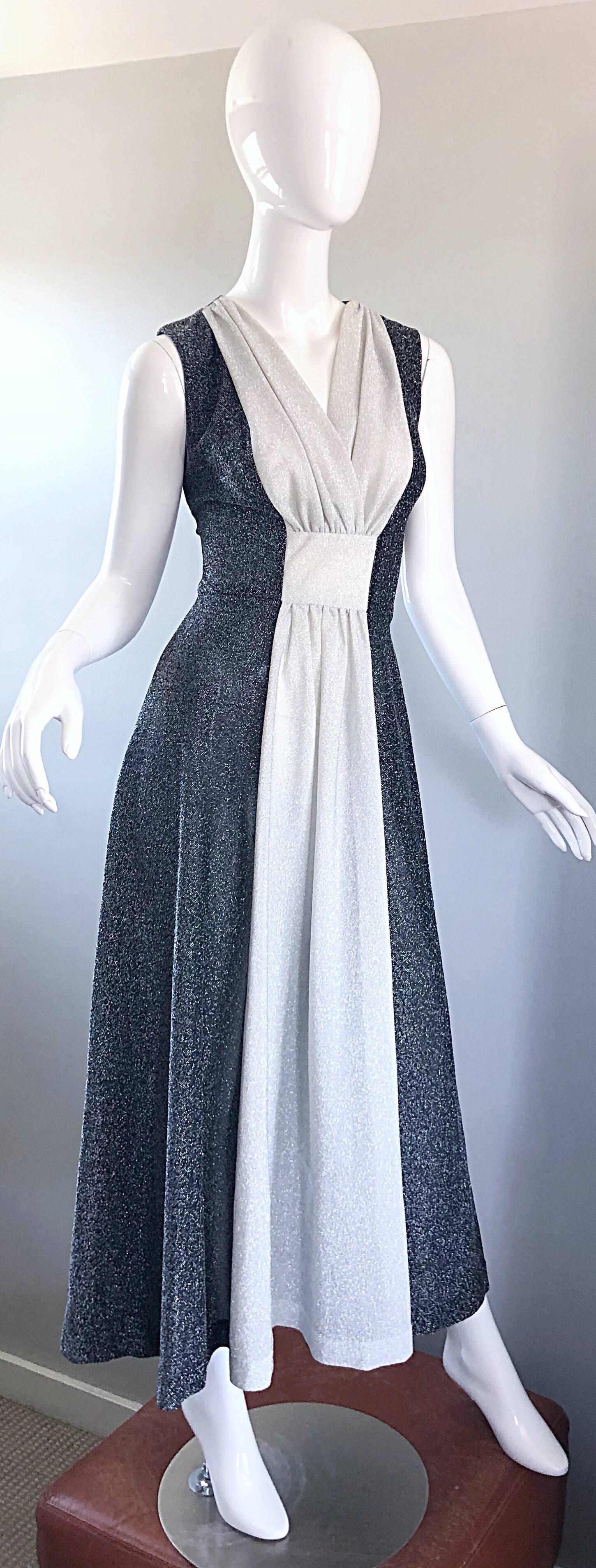 Amazing 1970s Gunmetal Grey + Silver Lurex Metallic Vintage 70s Maxi Dress Gown 3