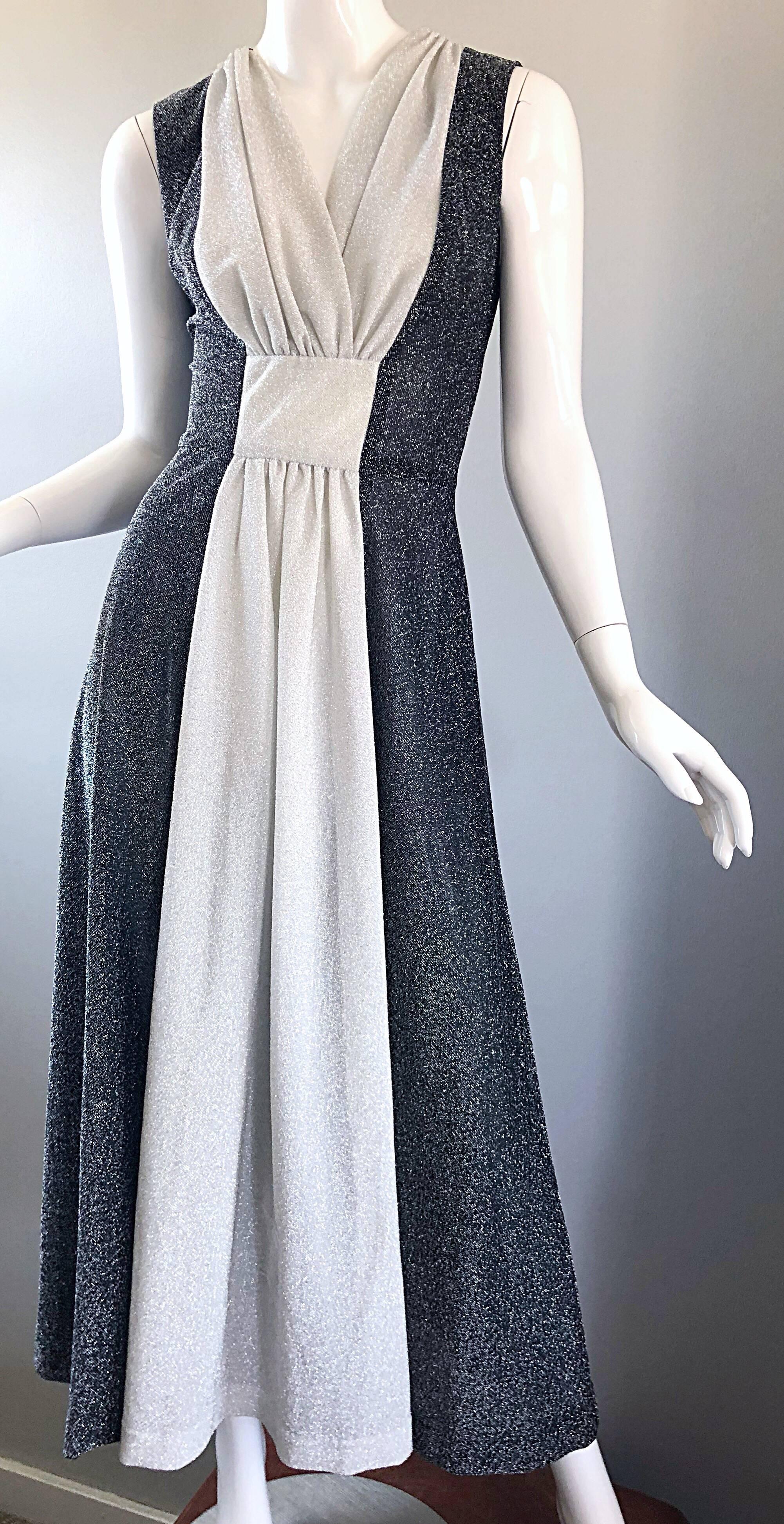 Amazing 1970s Gunmetal Grey + Silver Lurex Metallic Vintage 70s Maxi Dress Gown 6
