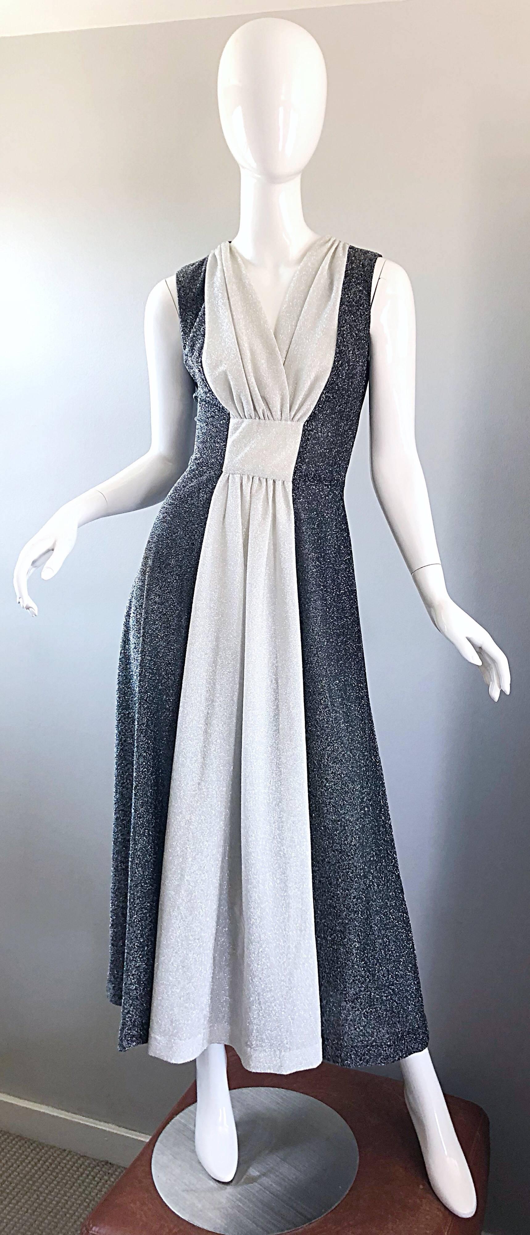 Amazing 1970s Gunmetal Grey + Silver Lurex Metallic Vintage 70s Maxi Dress Gown 8