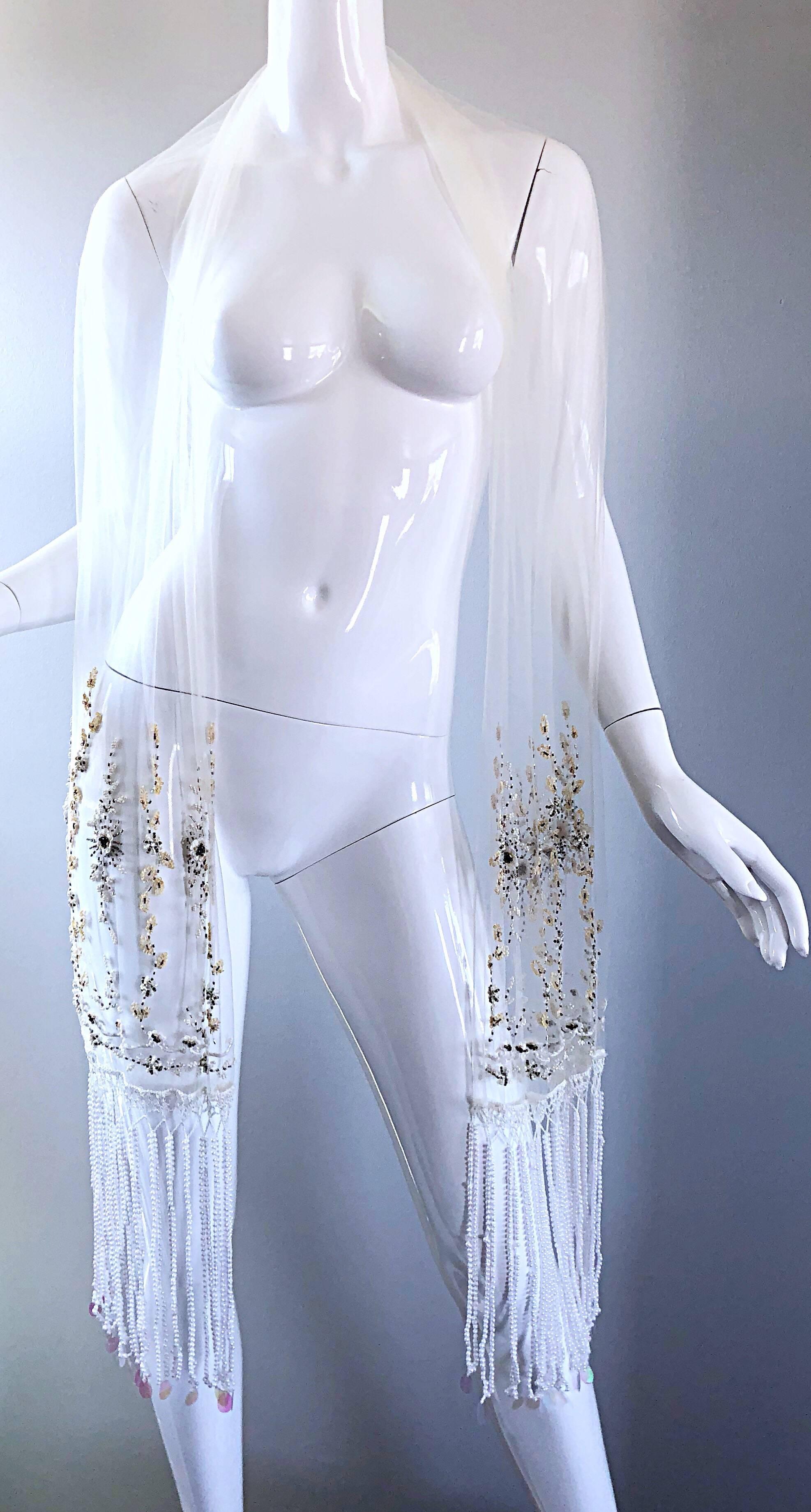 Beautiful Vintage White Sheer Pearl + Beads + Sequins Encrusted Shawl Scarf  In Excellent Condition For Sale In San Diego, CA