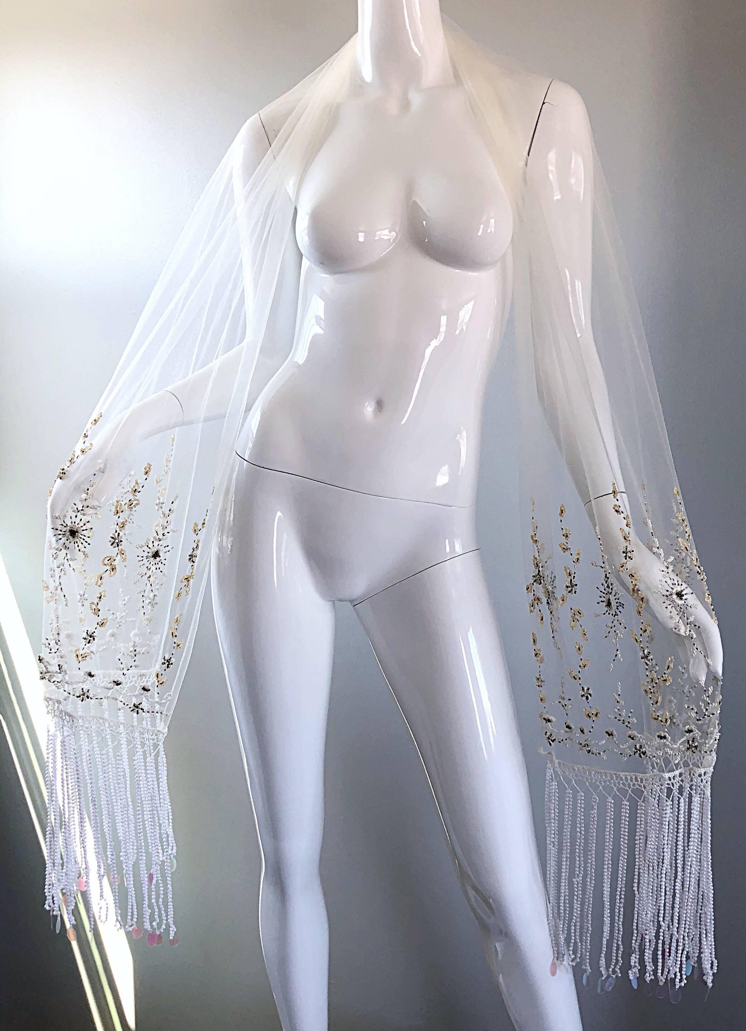 Women's Beautiful Vintage White Sheer Pearl + Beads + Sequins Encrusted Shawl Scarf  For Sale