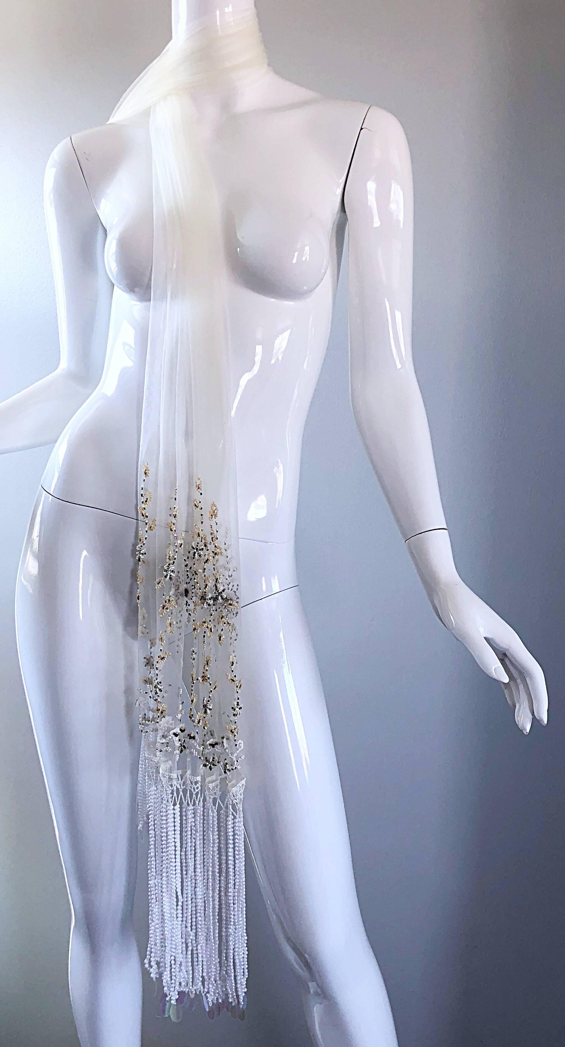 Beautiful Vintage White Sheer Pearl + Beads + Sequins Encrusted Shawl Scarf For Sale 1
