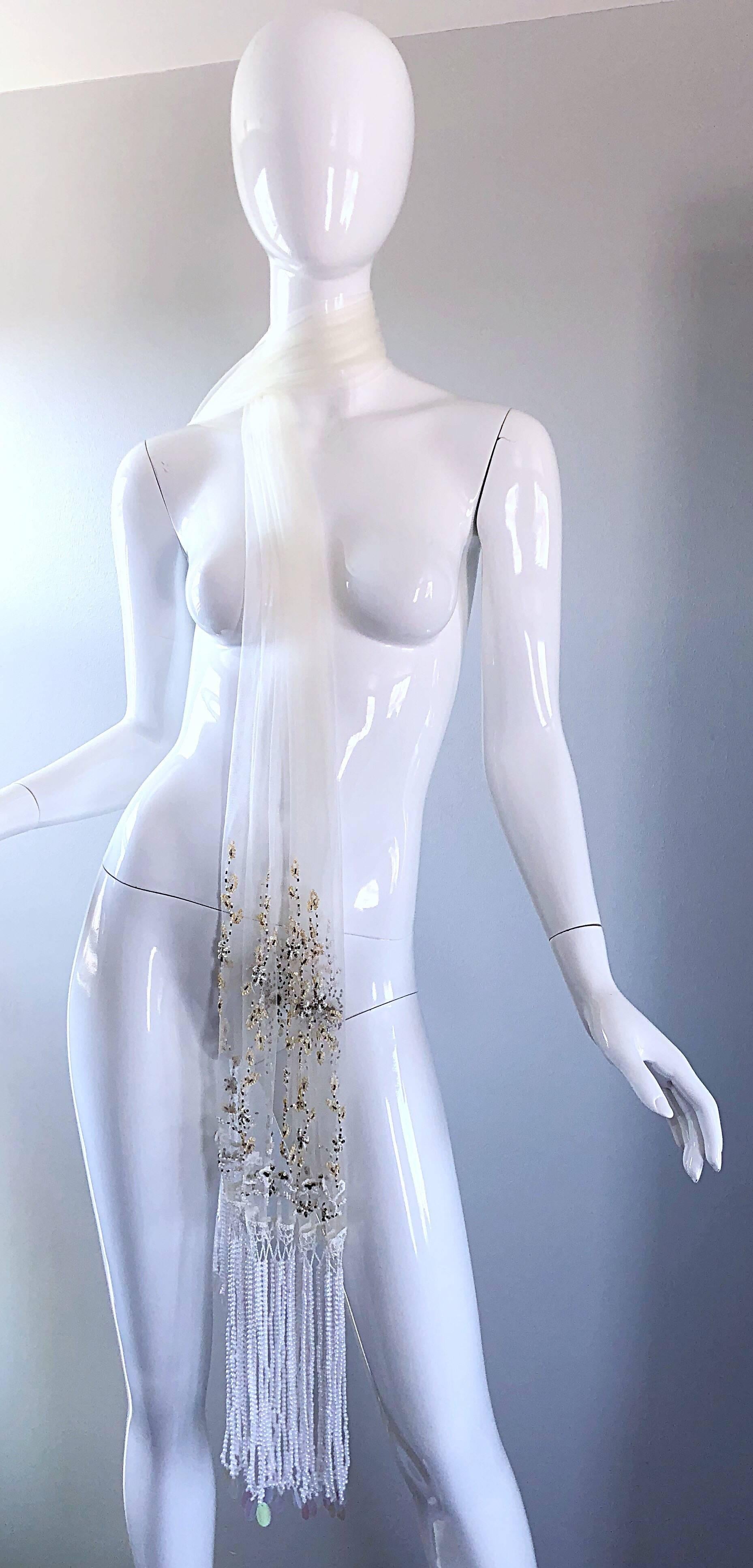 Beautiful Vintage White Sheer Pearl + Beads + Sequins Encrusted Shawl Scarf  For Sale 3