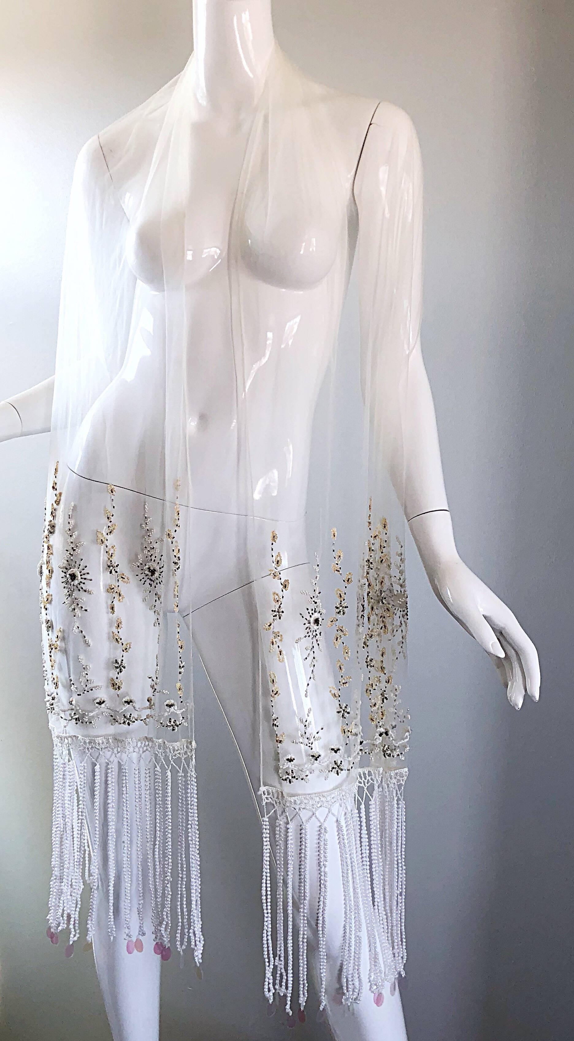 Beautiful Vintage White Sheer Pearl + Beads + Sequins Encrusted Shawl Scarf  For Sale 4