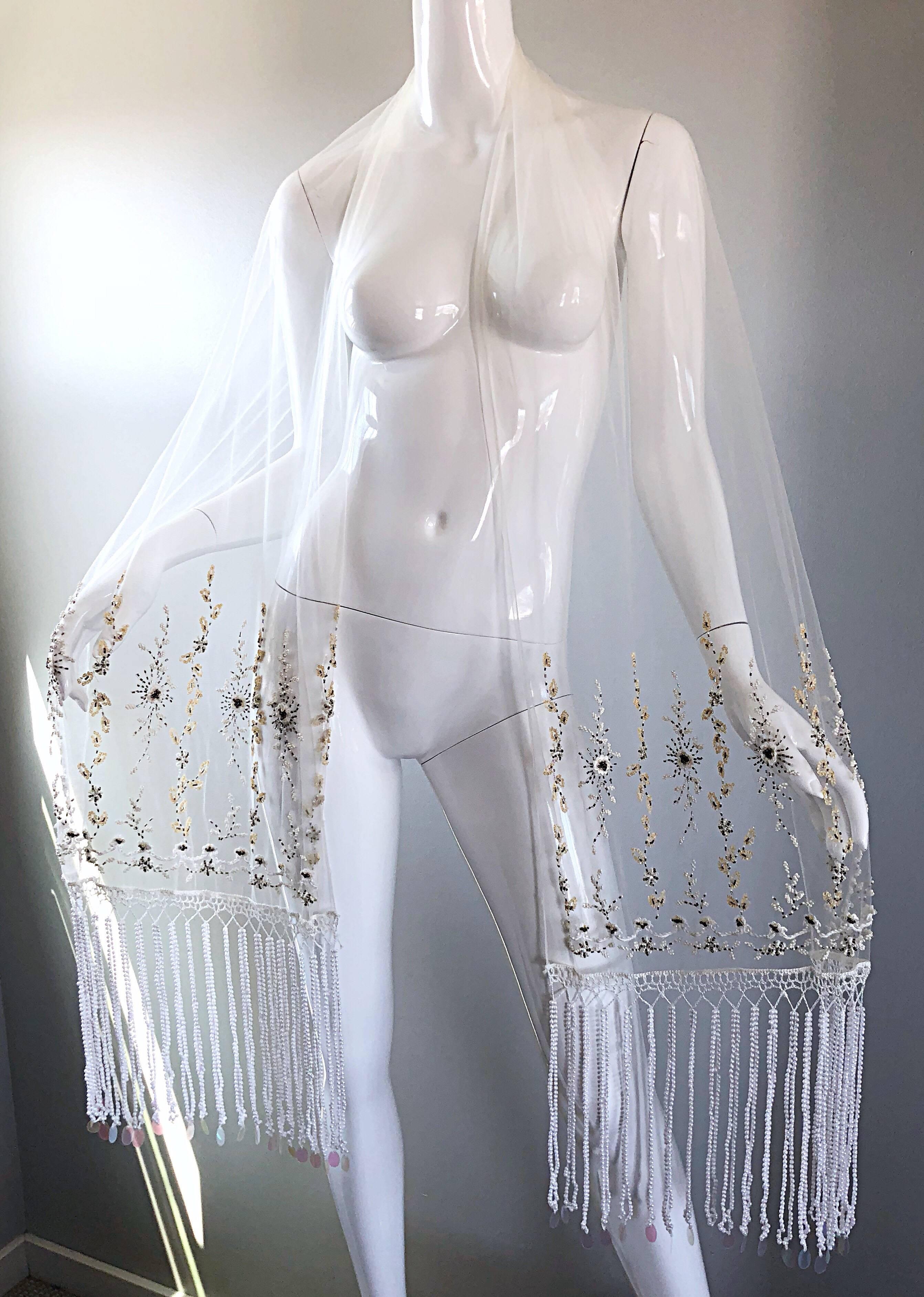 Beautiful Vintage White Sheer Pearl + Beads + Sequins Encrusted Shawl Scarf  For Sale 5