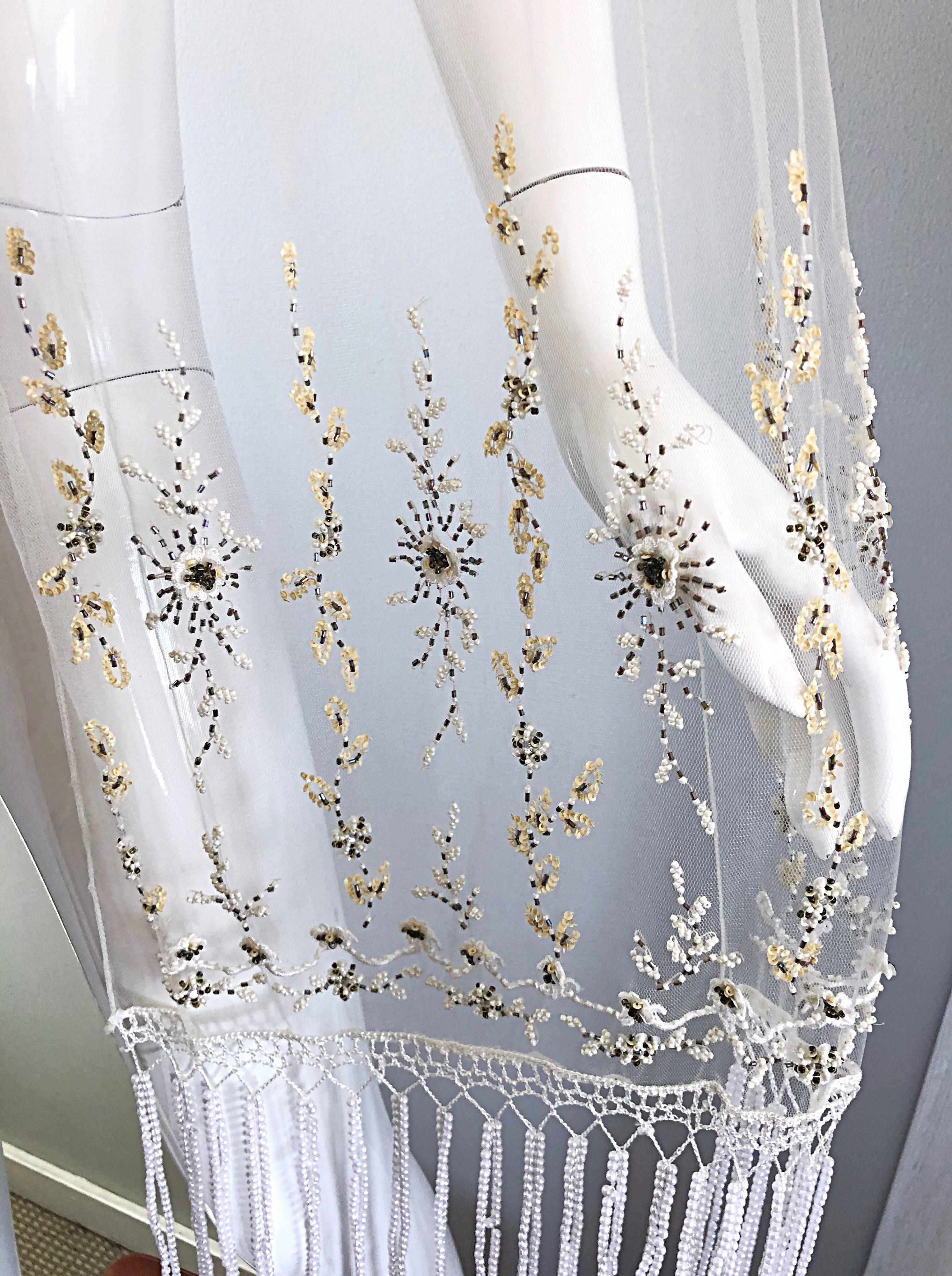 Beautiful Vintage White Sheer Pearl + Beads + Sequins Encrusted Shawl Scarf  For Sale 6